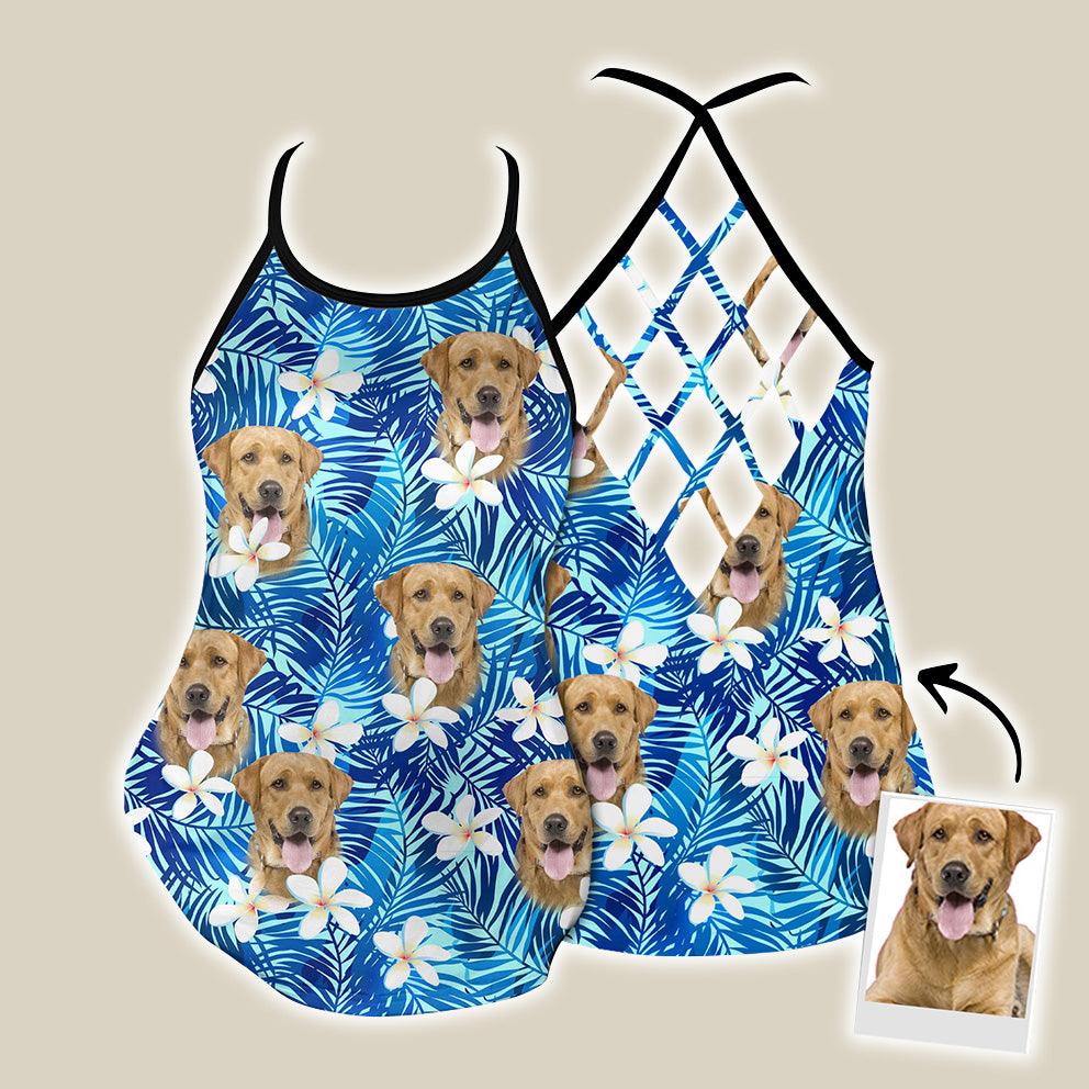 Customized Criss Cross Tank Top With Pet Face - Tropical Summer White Plumeria, Leaves Criss Cross Open Back Tank Top - Gift For Women, Pet Lovers - Image 2