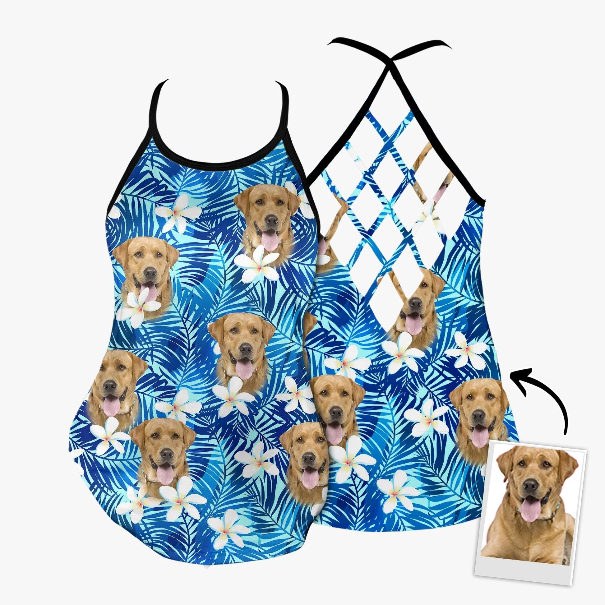 Customized Criss Cross Tank Top With Pet Face - Tropical Summer White Plumeria, Leaves Criss Cross Open Back Tank Top - Gift For Women, Pet Lovers - Image 4