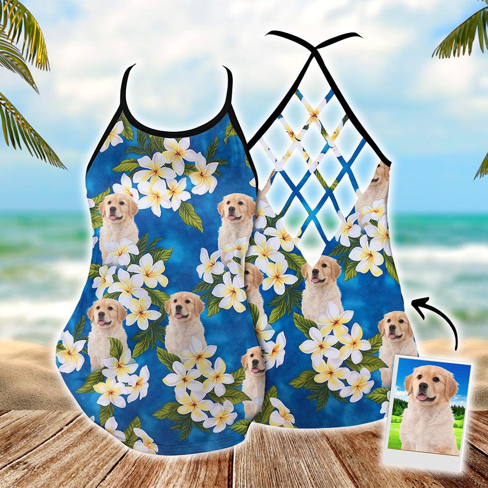 Customized Criss Cross Tank Top With Pet Face - White Plumeria Bouquet On Turquoise Sea Blue Color Open Back Tank Top - Gift For Women, Pet Lovers