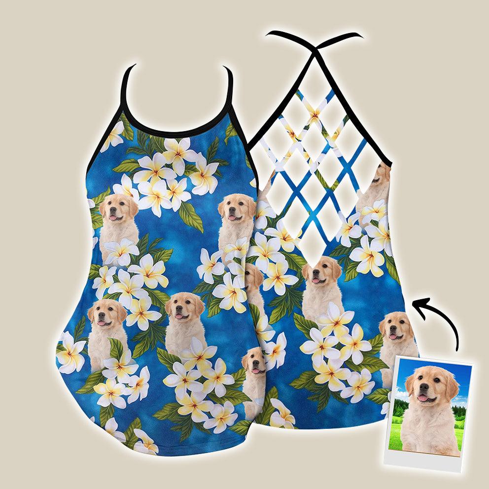Customized Criss Cross Tank Top With Pet Face - White Plumeria Bouquet On Turquoise Sea Blue Color Open Back Tank Top - Gift For Women, Pet Lovers - Image 2