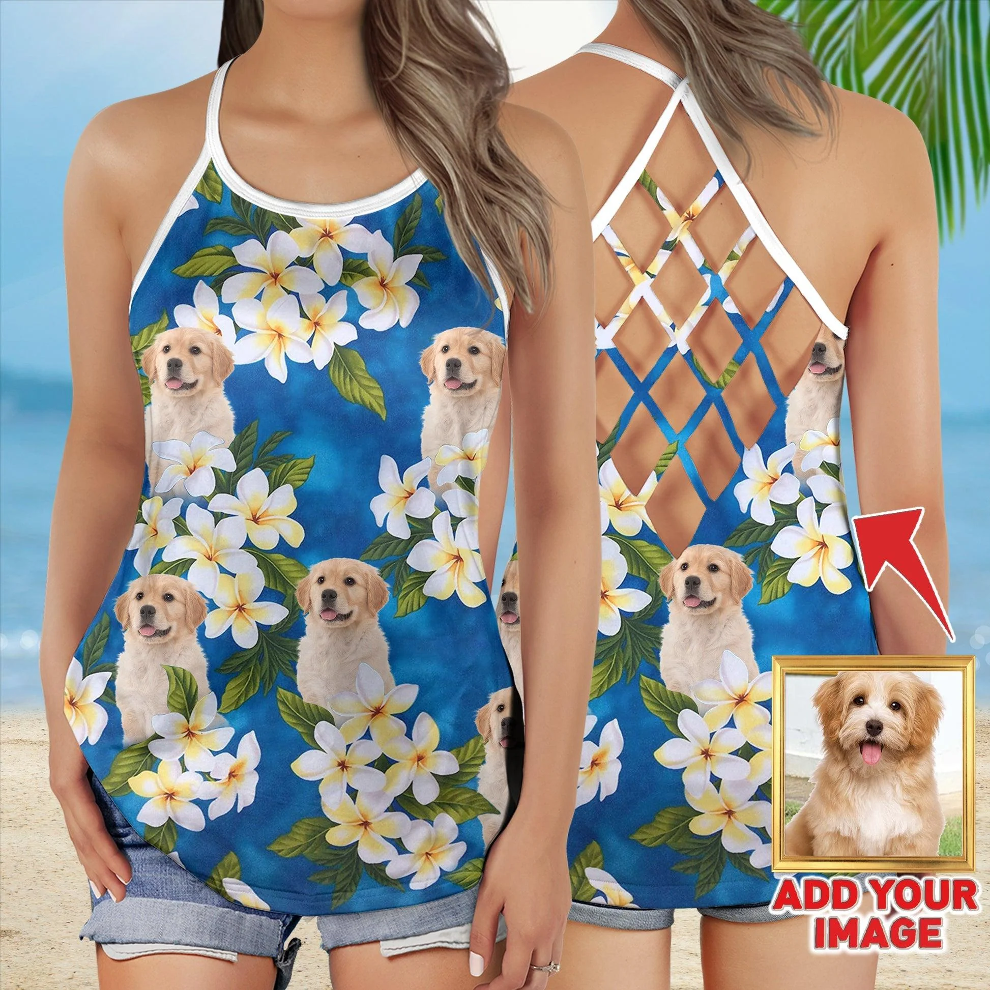 Customized Criss Cross Tank Top With Pet Face - White Plumeria Bouquet On Turquoise Sea Blue Color Open Back Tank Top - Gift For Women, Pet Lovers - Image 4