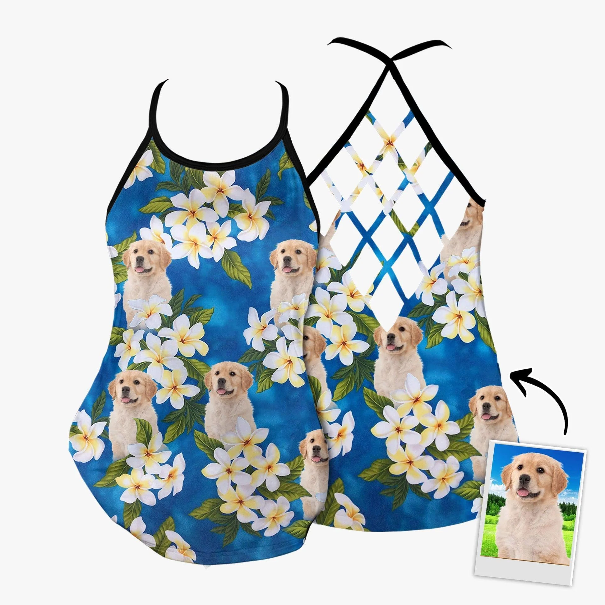 Customized Criss Cross Tank Top With Pet Face - White Plumeria Bouquet On Turquoise Sea Blue Color Open Back Tank Top - Gift For Women, Pet Lovers - Image 5