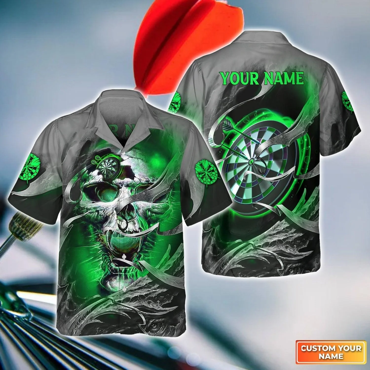 Customized Darts Aloha Hawaiian Shirt, Green Skull Hawaiian Shirt, Dartboard Personalized Name Hawaiian Shirt For Men & Women, Darts Lover