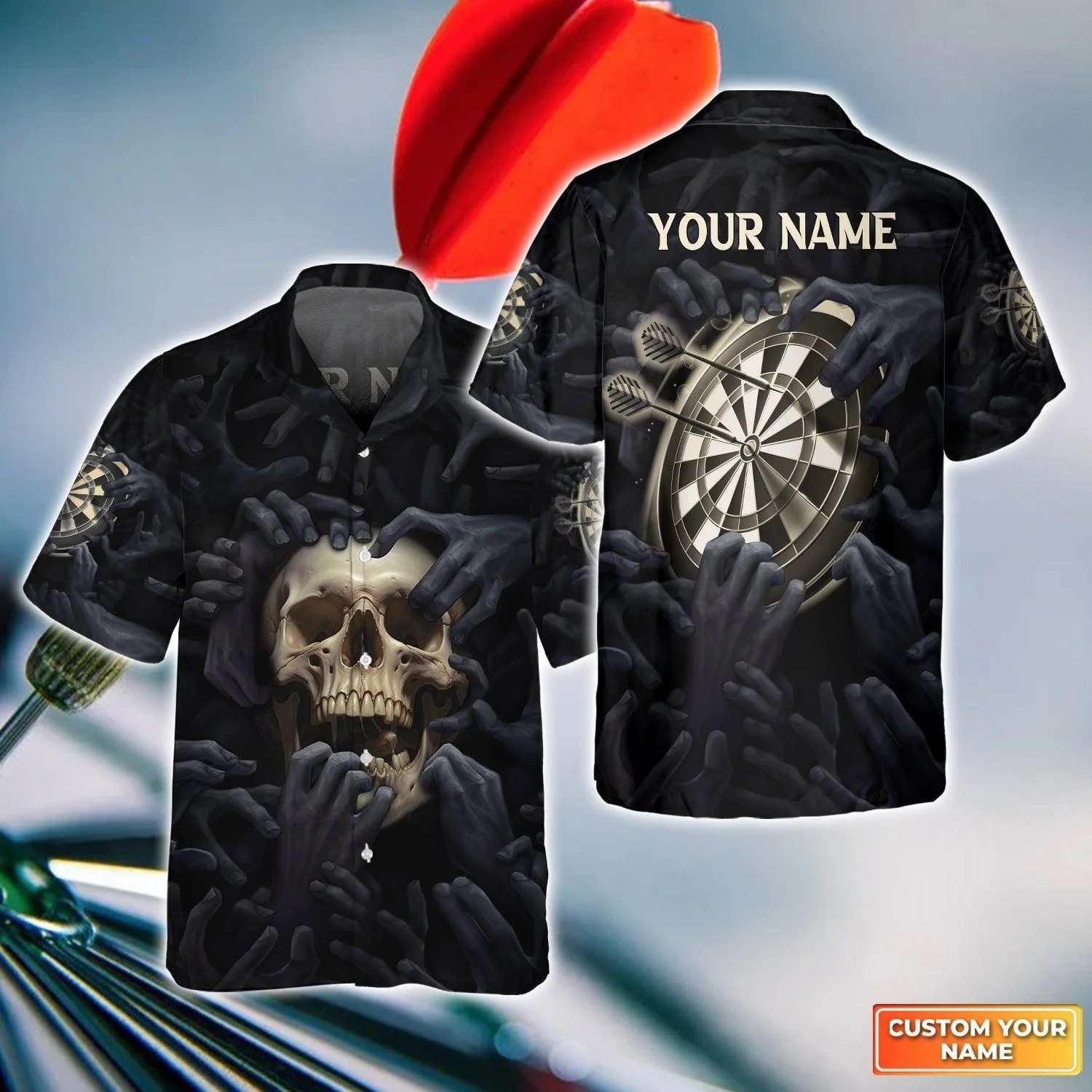 Customized Darts Aloha Hawaiian Shirt, Skull Art Dartboard Hawaiian Shirt, Hand Of Evil Personalized Name Hawaiian Shirt For Men & Women, Darts Lover