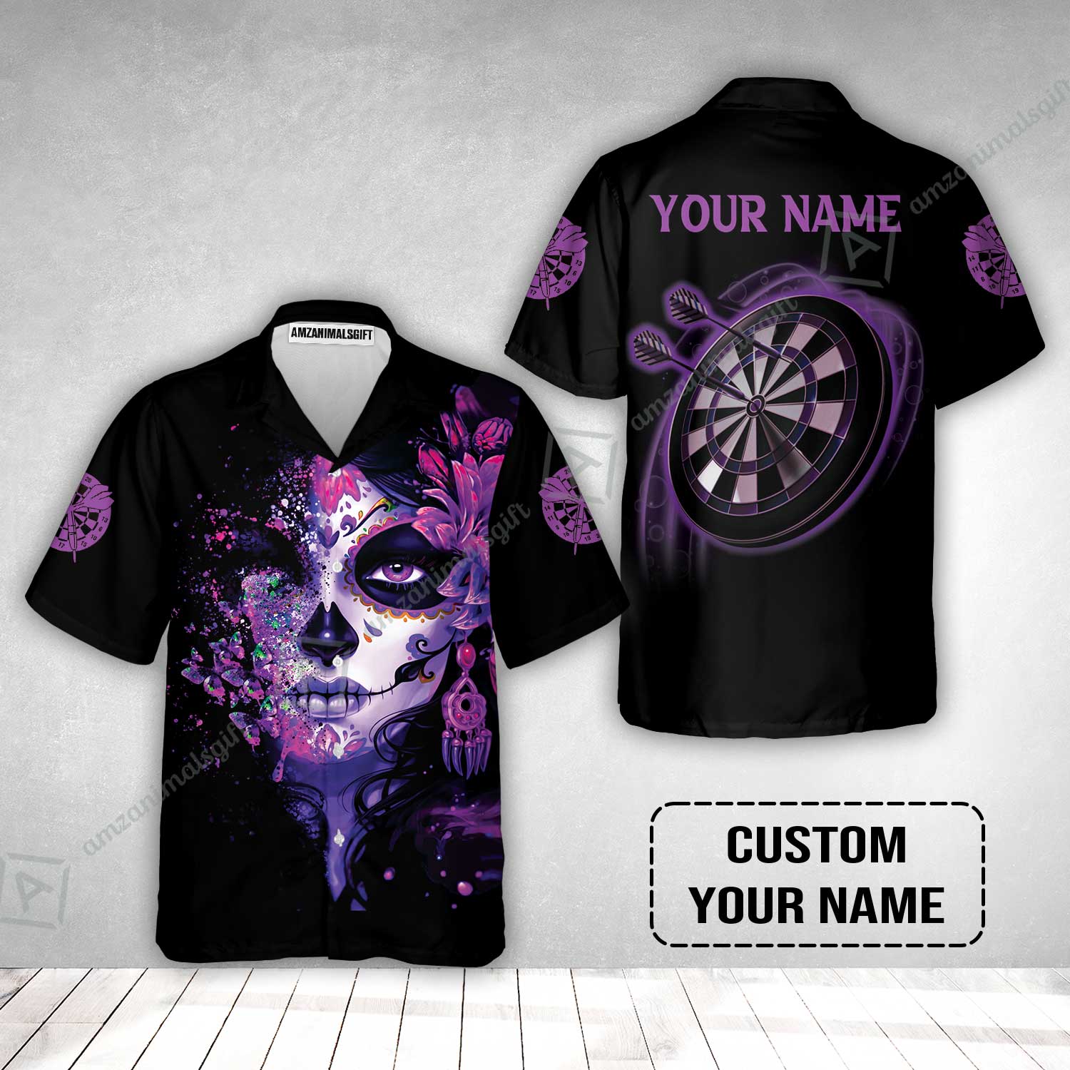 Customized Darts Hawaiian Shirt, Skull Girl Butterfly Personalized Sugar Skull And Darts Hawaiian Shirt - Image 2