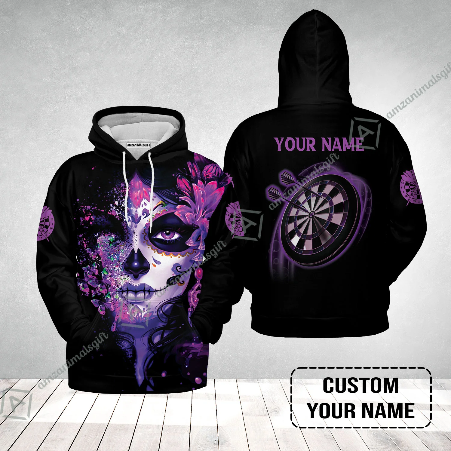 Customized Darts Hoodie, Skull Girl Butterfly Personalized Sugar Skull And Darts Hoodie - Image 2