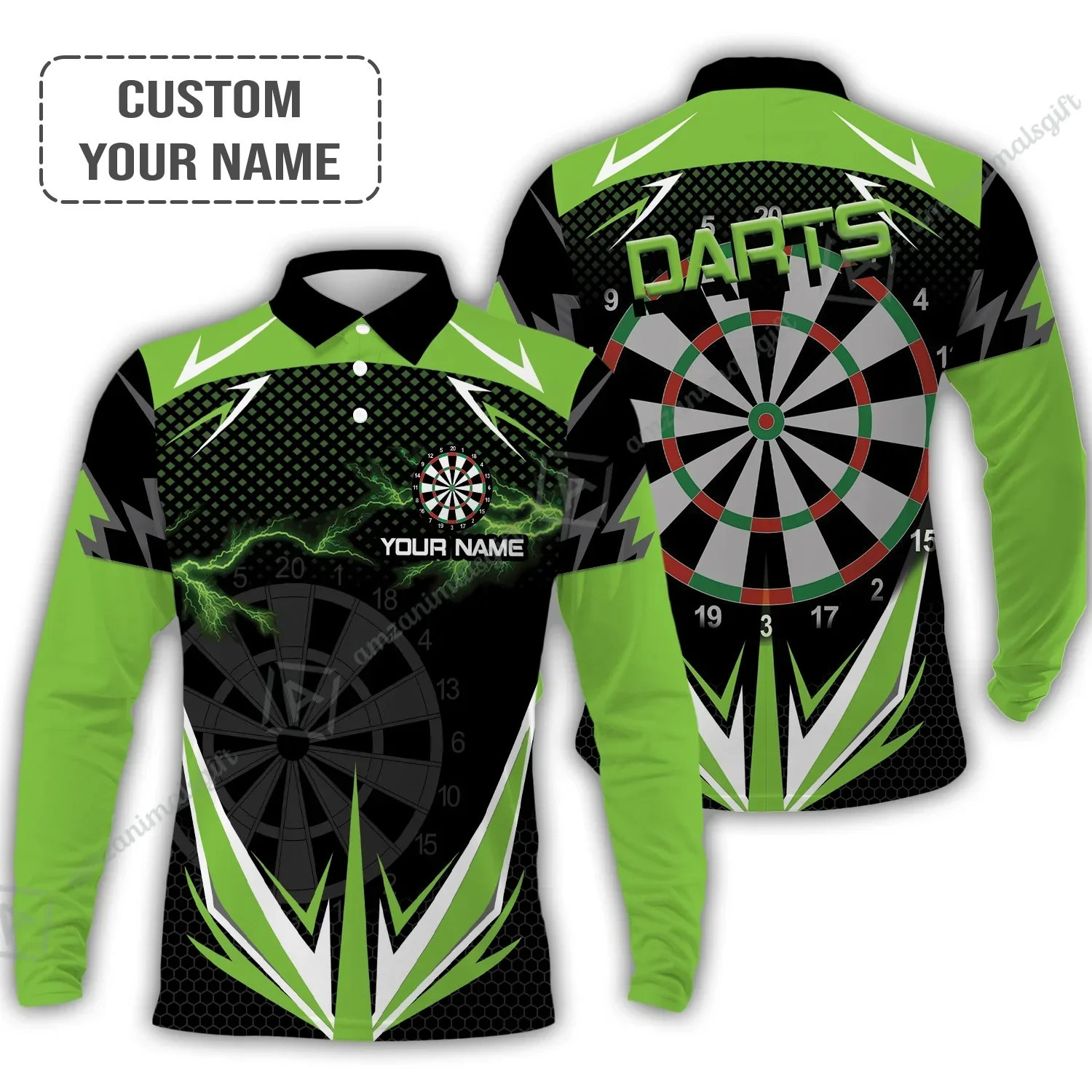 Customized Darts Long Polo Shirt, Green Darts Lightning Personalized Name Polo Shirt, Outfits For Darts Lovers, Darts Players - Image 2
