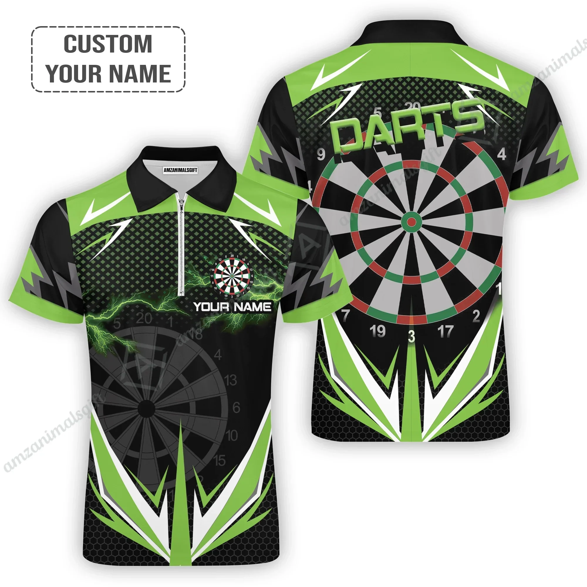 Customized Darts Long Polo Shirt, Green Darts Lightning Personalized Name Polo Shirt, Outfits For Darts Lovers, Darts Players - Image 4