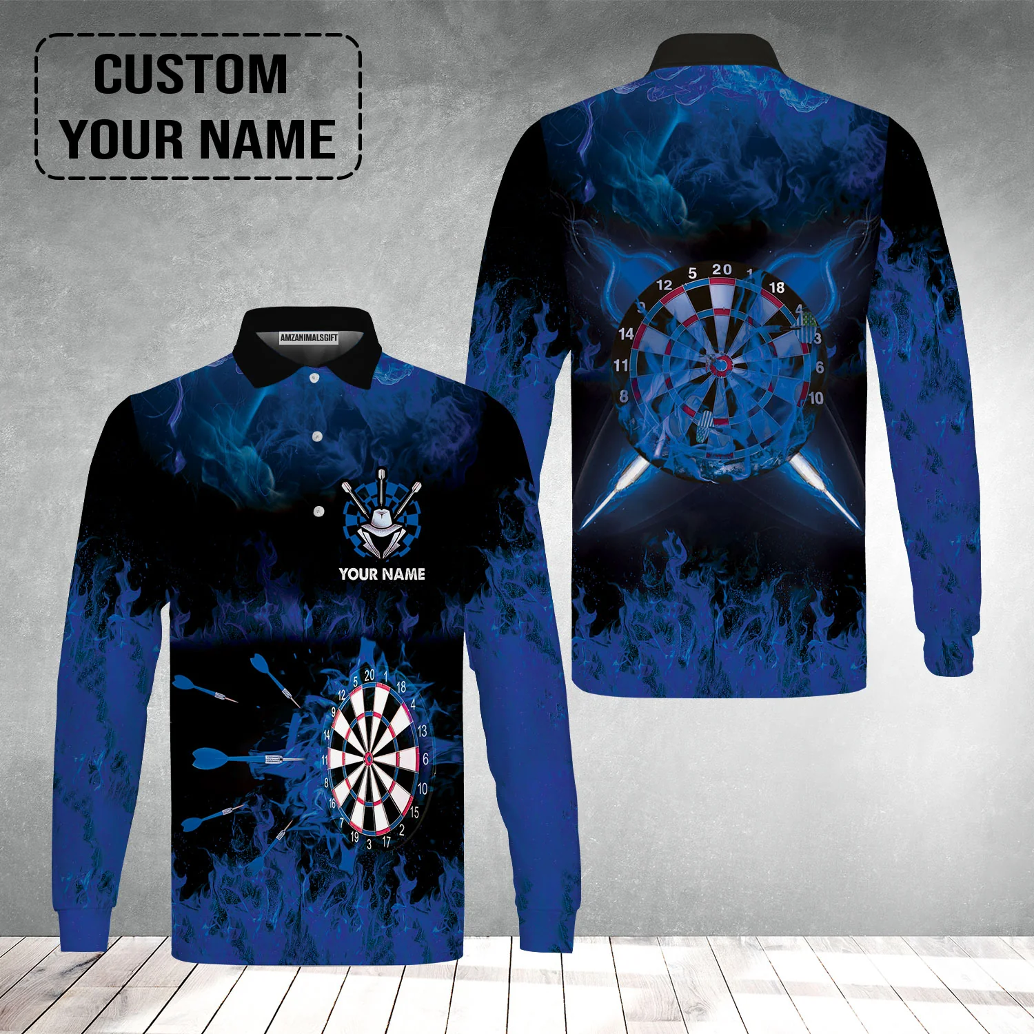 Customized Darts Long Sleeve Men Polo Shirt, Darts Blue Polo Shirt, Personalized Name Polo Shirt For Men - Perfect Gift For Darts Lovers, Darts Players - Image 2
