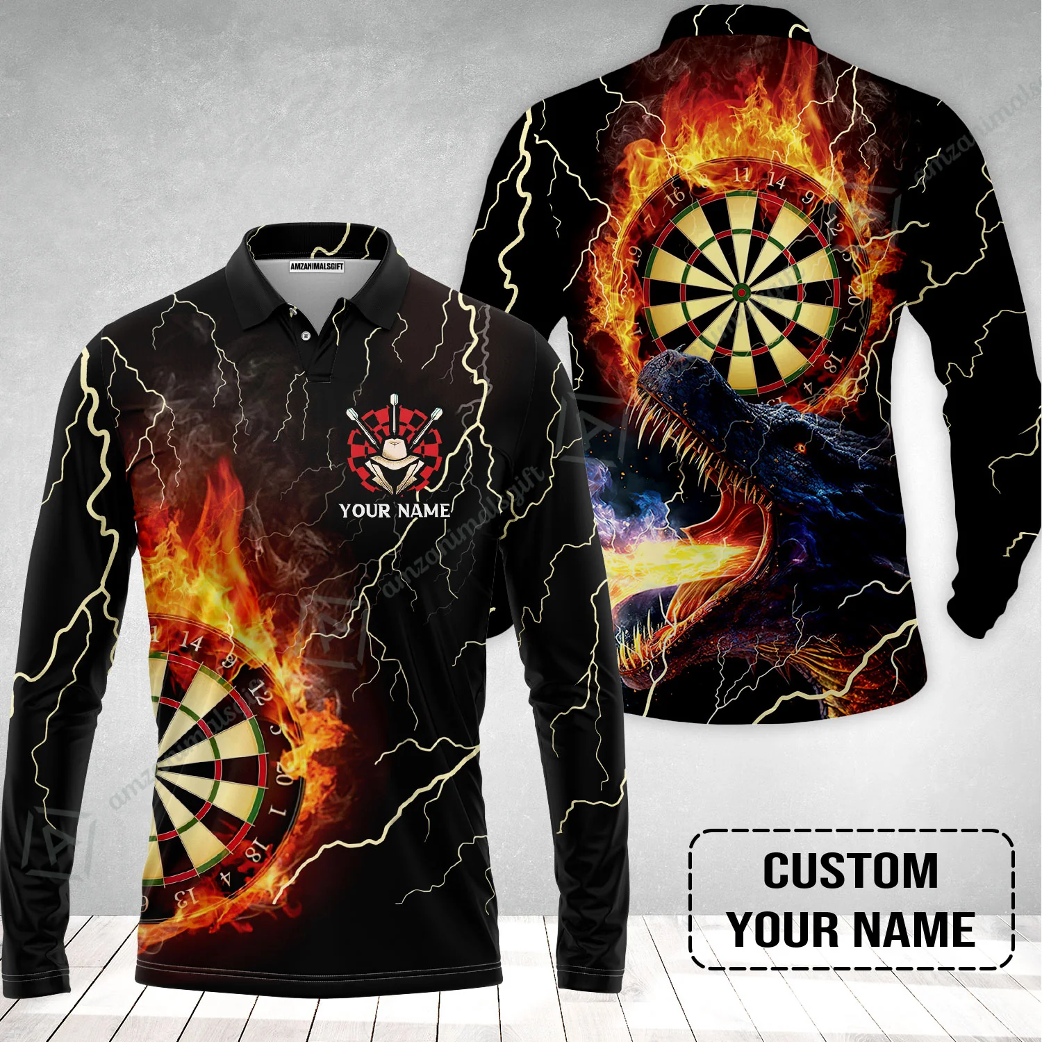 Customized Darts Long Sleeve Men Polo Shirt, Flame Dartboard, Personalized Name Dragon And Darts Polo Shirt - Perfect Gift For Darts Lovers - Image 2
