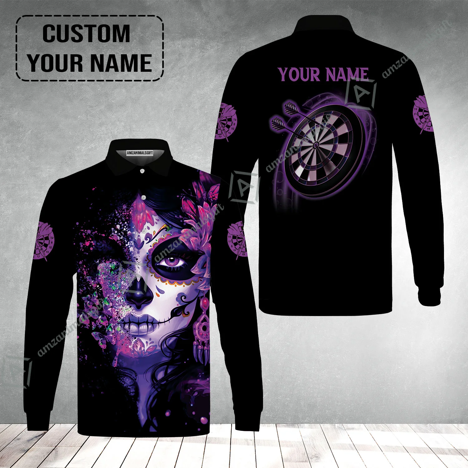 Customized Darts Long Sleeve Men Polo Shirt, Skull Girl Butterfly Personalized Sugar Skull And Darts Polo Shirt - Image 2