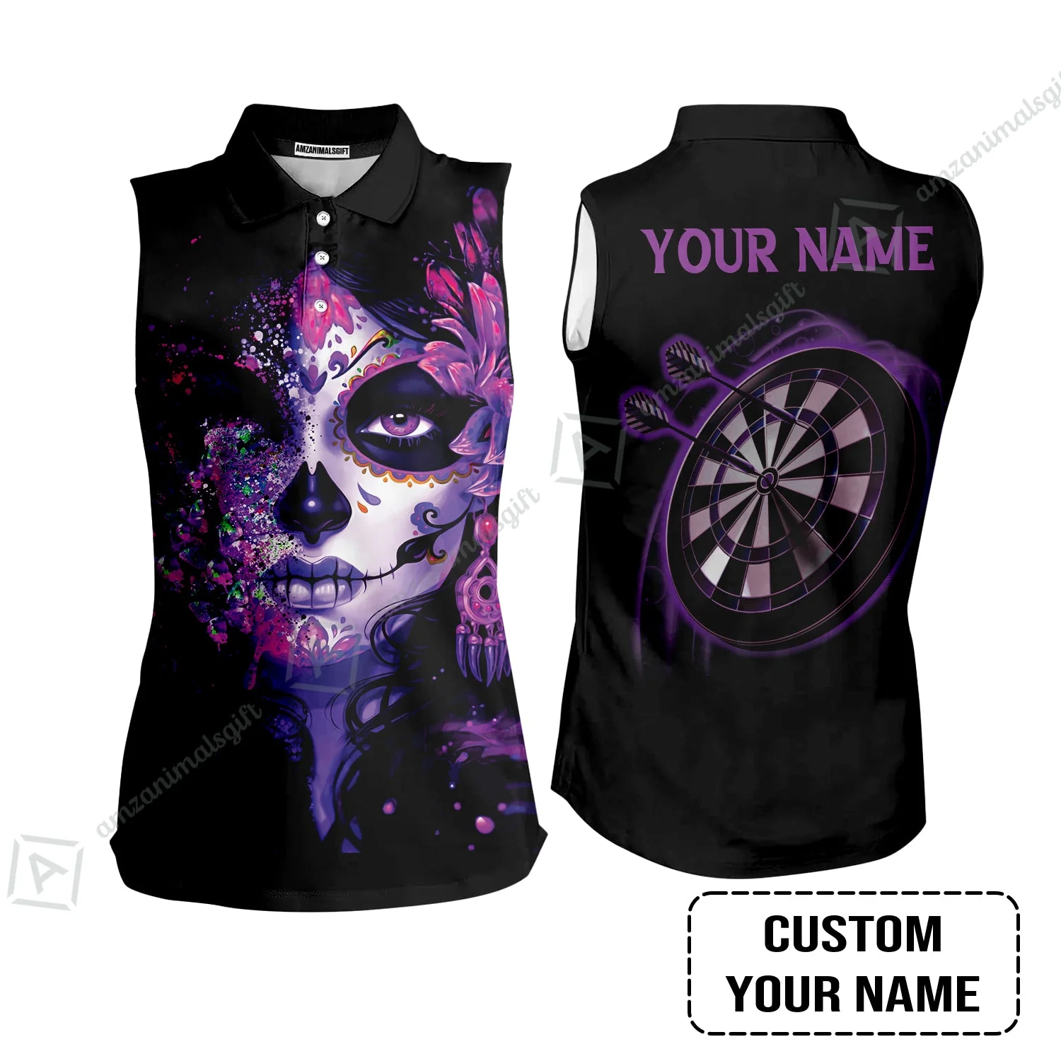Customized Darts Long Sleeve Men Polo Shirt, Skull Girl Butterfly Personalized Sugar Skull And Darts Polo Shirt - Image 7