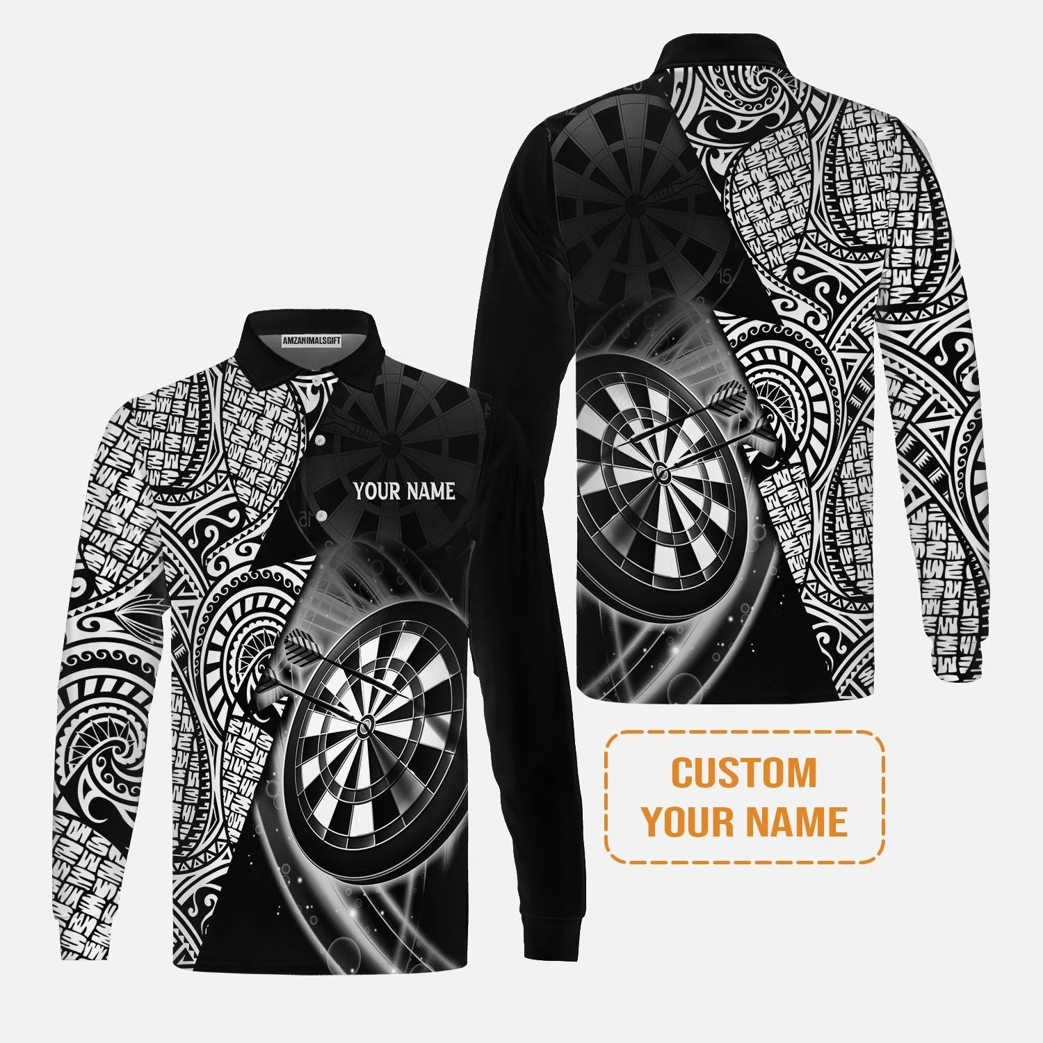 Customized Darts Long Sleeve Shirt, Black & White Tattoo Darts, Personalized Name Long Sleeve Shirt For Men - Perfect Gift For Darts Lovers, Darts Players - Image 4