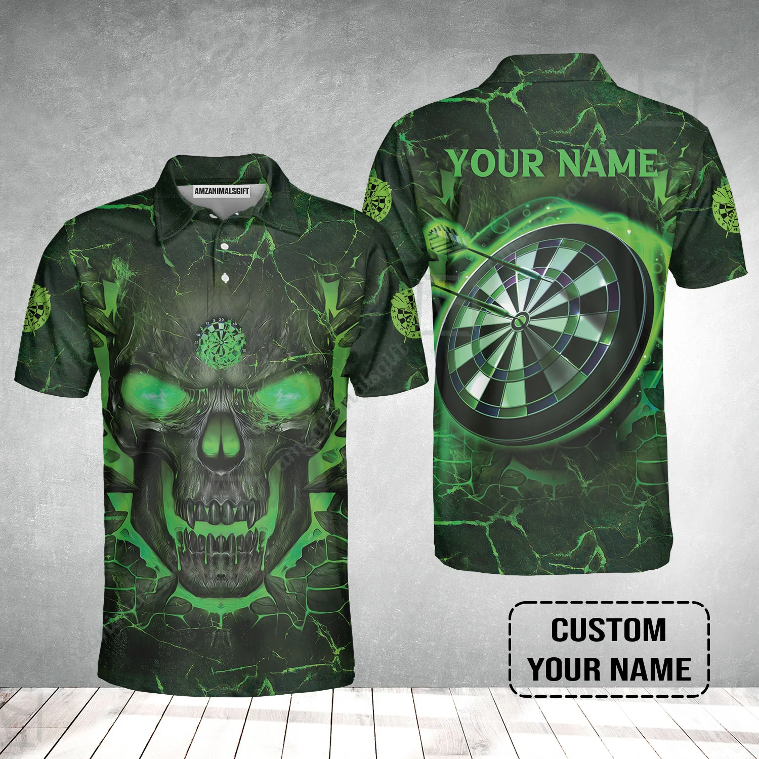 Customized Darts Men Polo Shirt, Flame Green Skull Dartboard Personalized Skull And Darts Polo Shirt - Image 2