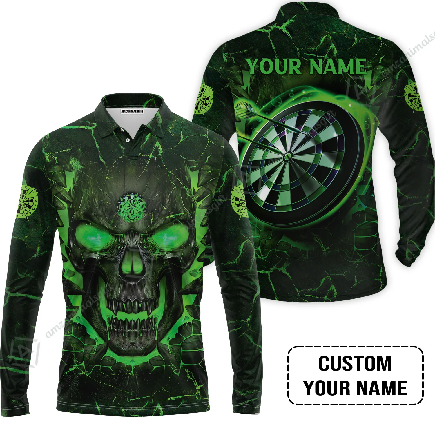 Customized Darts Men Polo Shirt, Flame Green Skull Dartboard Personalized Skull And Darts Polo Shirt - Image 3