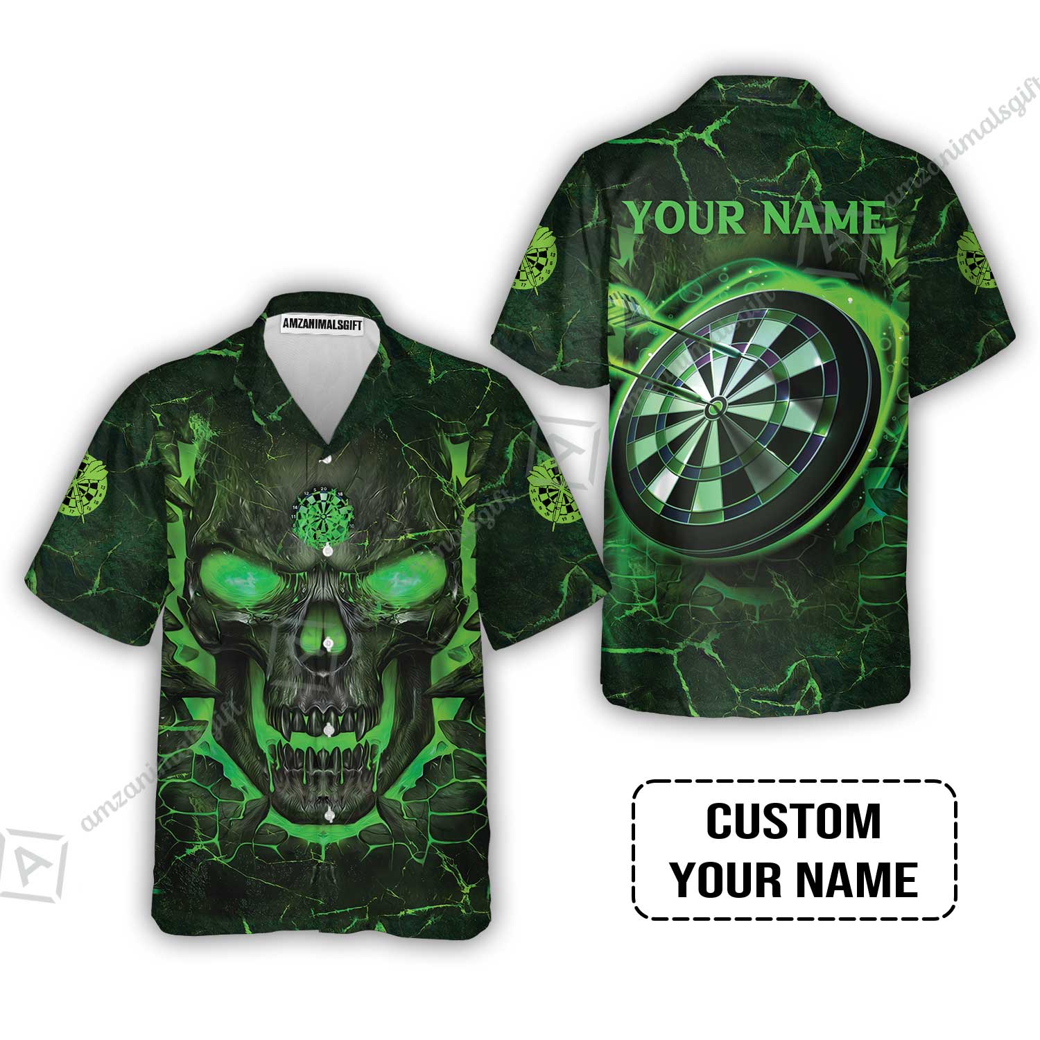 Customized Darts Men Polo Shirt, Flame Green Skull Dartboard Personalized Skull And Darts Polo Shirt - Image 7