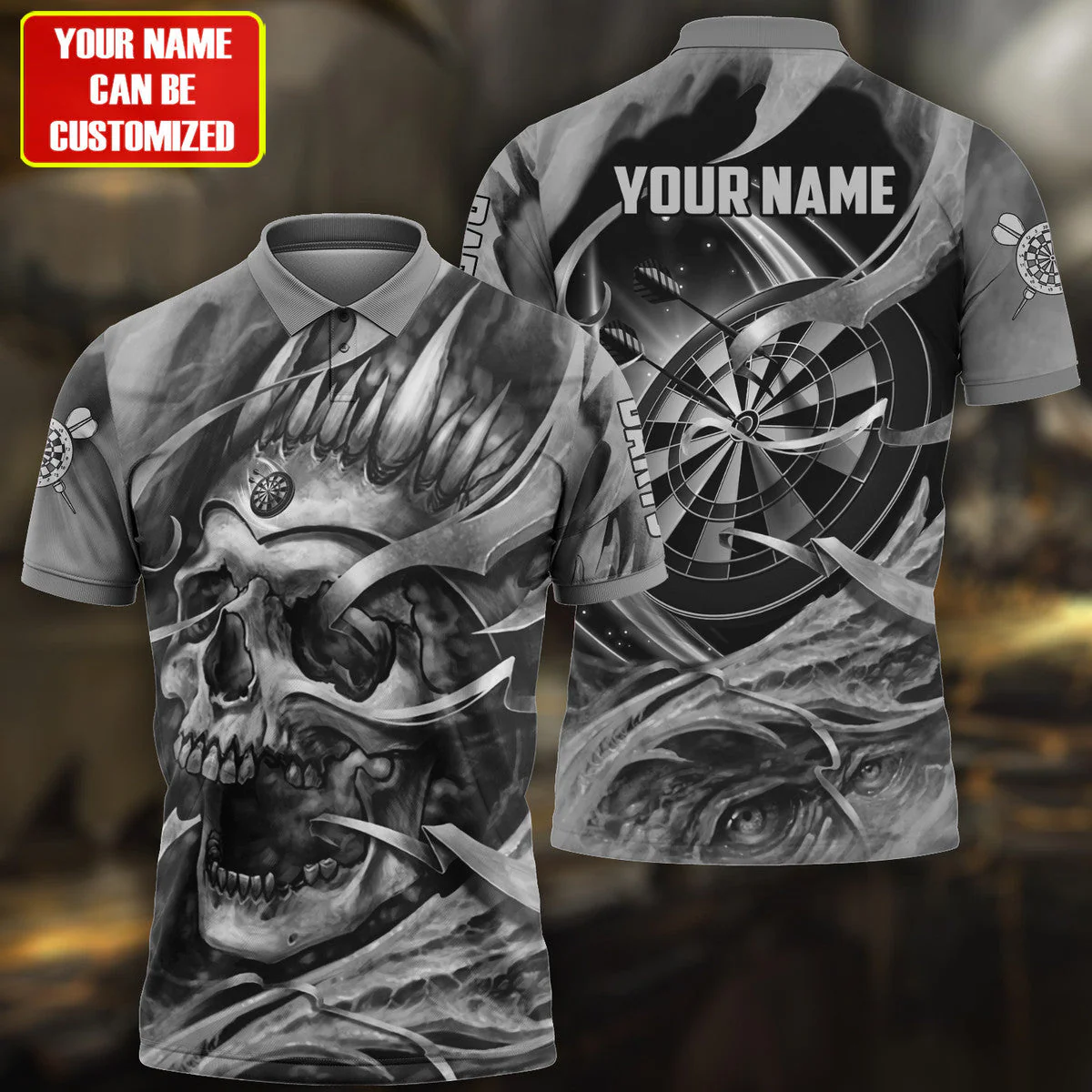 Customized Darts Men Polo Shirt, Personalized Name Multicolor Teal Skull Darts Polo Shirt For Men - Gift For Darts Players, Darts Lovers - Image 4