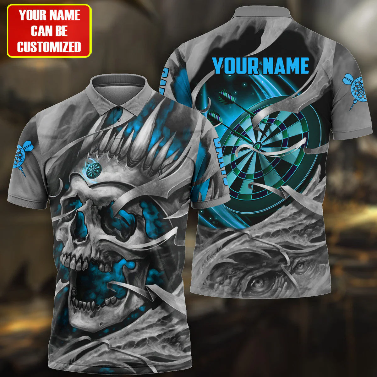 Customized Darts Men Polo Shirt, Personalized Name Multicolor Teal Skull Darts Polo Shirt For Men - Gift For Darts Players, Darts Lovers - Image 8