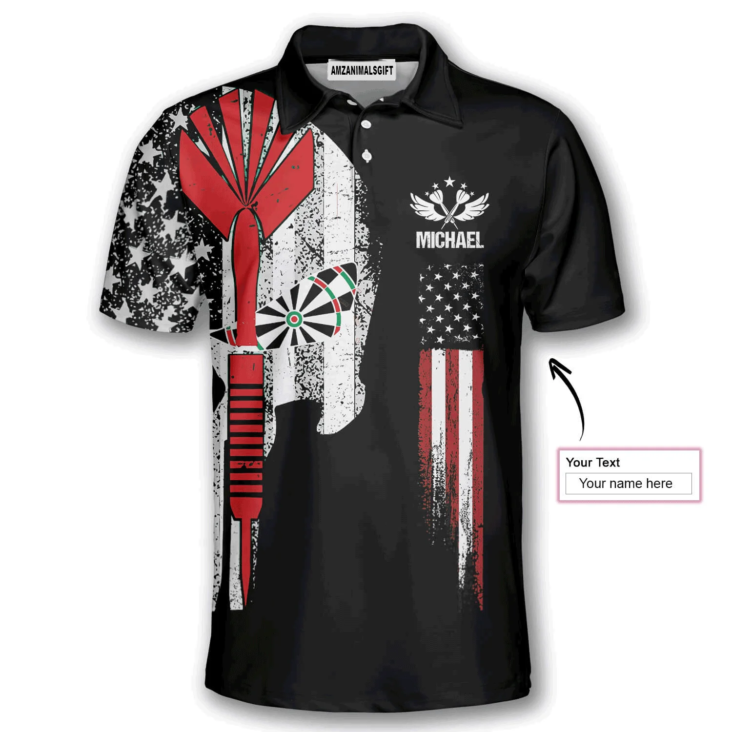 Customized Darts Men Polo Shirt, Personalized Name Skull Darts American Flag Polo Shirt For Men, Darts Lovers - Image 2
