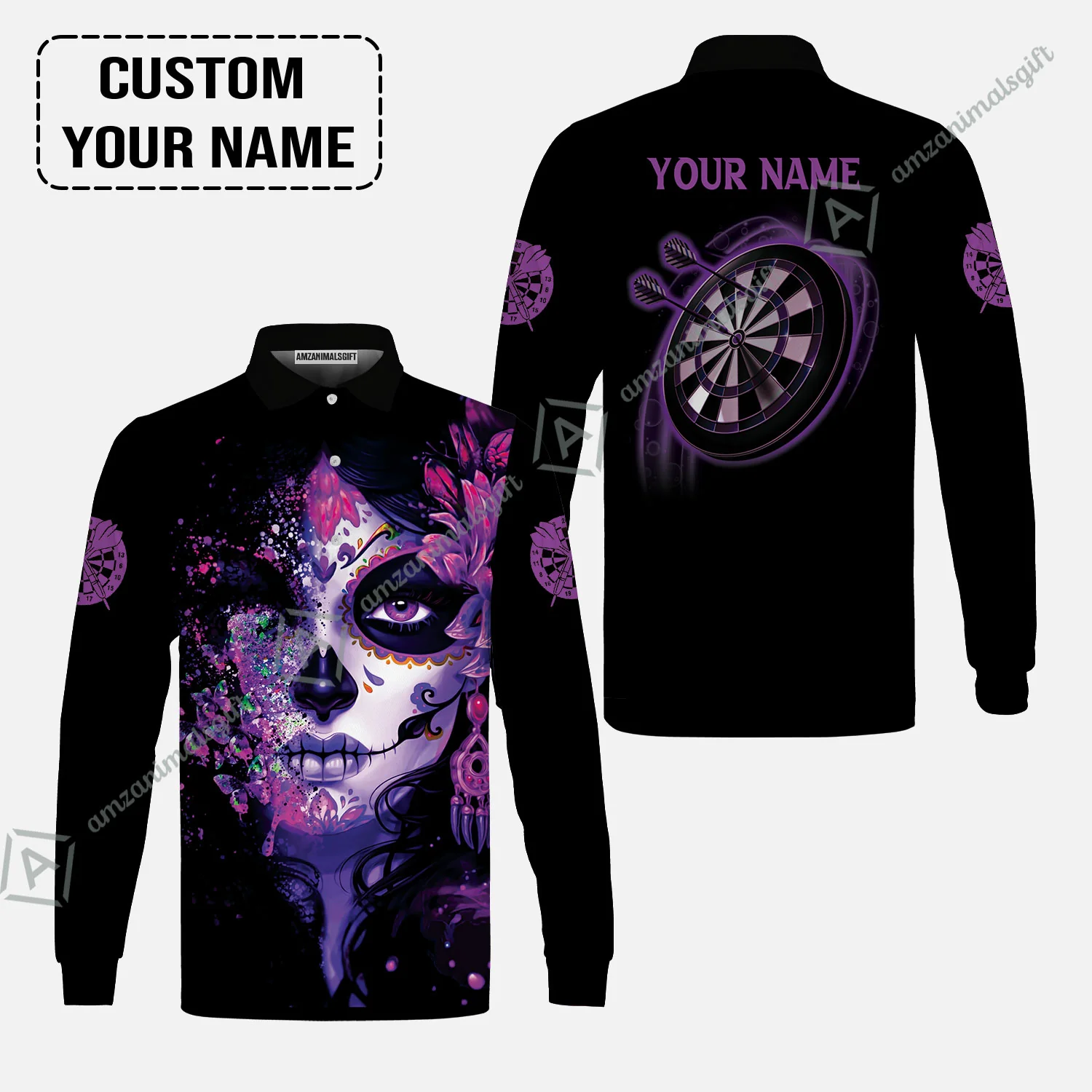 Customized Darts Men Polo Shirt, Skull Girl Butterfly Personalized Sugar Skull And Darts Polo Shirt - Image 3