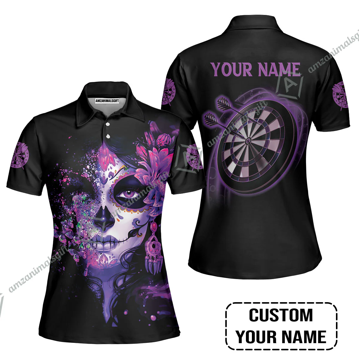 Customized Darts Men Polo Shirt, Skull Girl Butterfly Personalized Sugar Skull And Darts Polo Shirt - Image 6