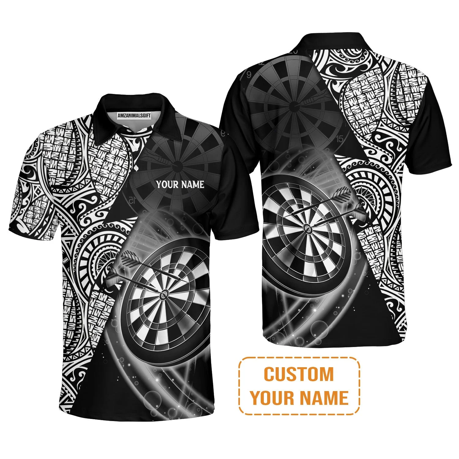 Customized Darts Men's Long Sleeve Polo Shirt, Black & White Tattoo Darts, Personalized Name Long Sleeve Polo Shirt For Men - Perfect Gift For Darts Lovers, Darts Players - Image 3