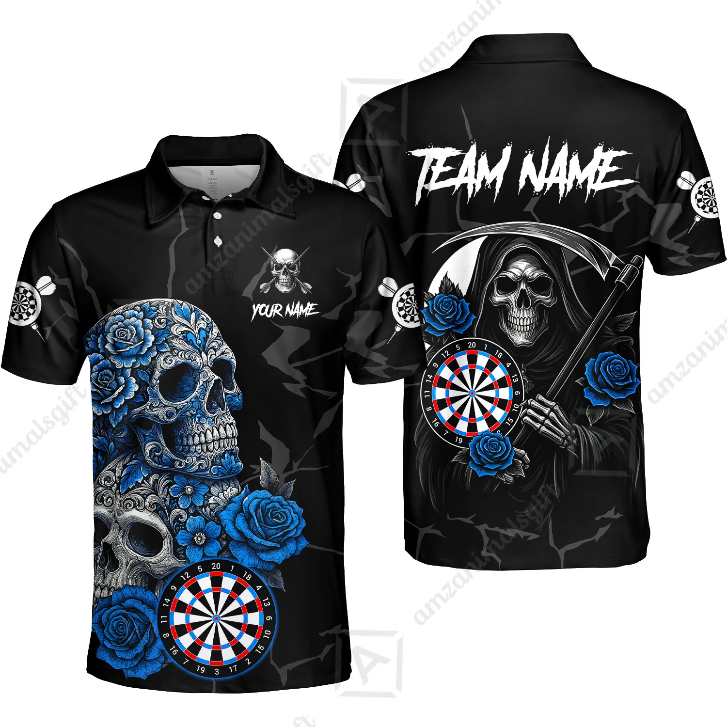 Customized Darts Polo Shirt, Darts Turquoise Skull Roses Dartboard Polo Shirt Team Style Jersey for Darts Players - Image 2