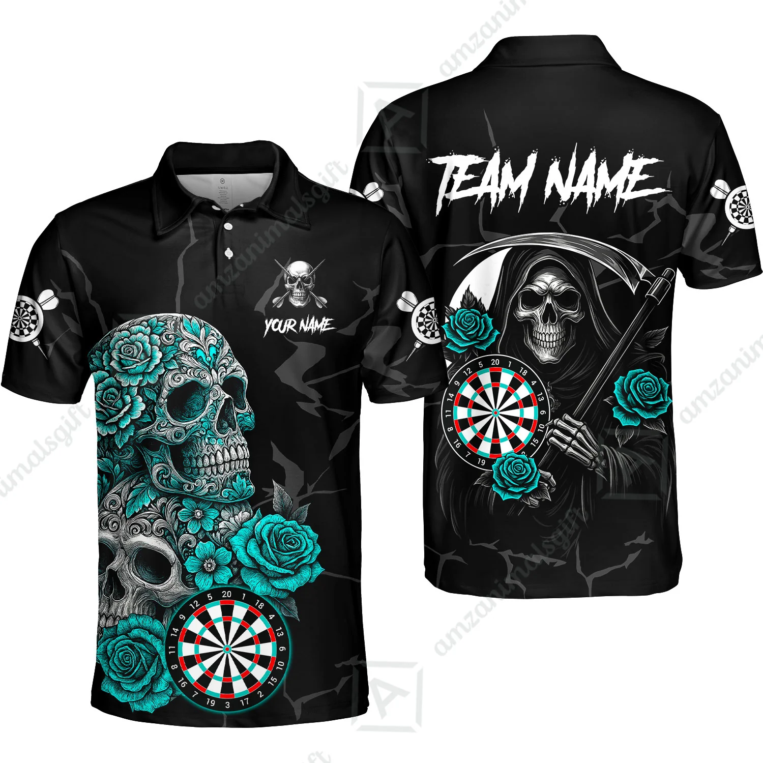 Customized Darts Polo Shirt, Darts Turquoise Skull Roses Dartboard Polo Shirt Team Style Jersey for Darts Players - Image 3