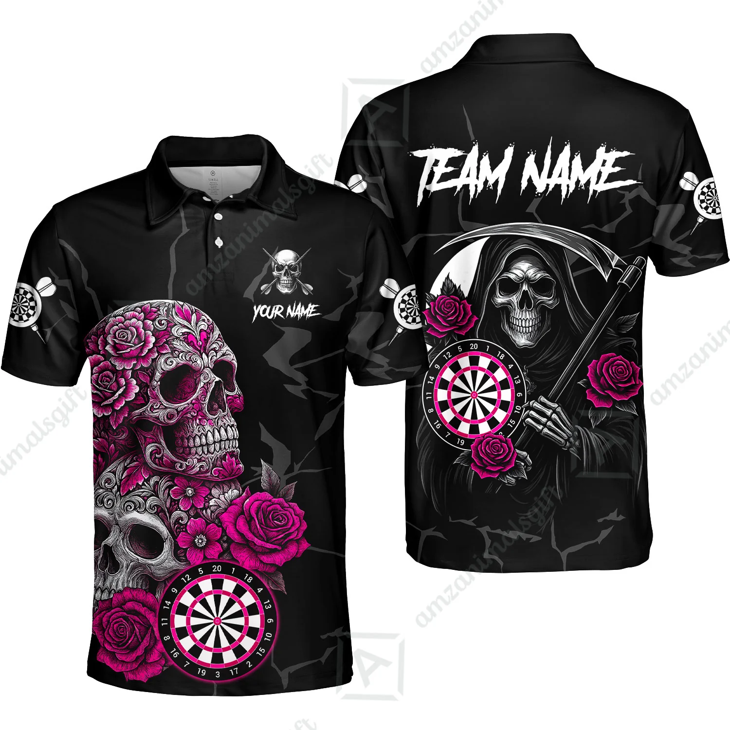 Customized Darts Polo Shirt, Darts Turquoise Skull Roses Dartboard Polo Shirt Team Style Jersey for Darts Players - Image 4