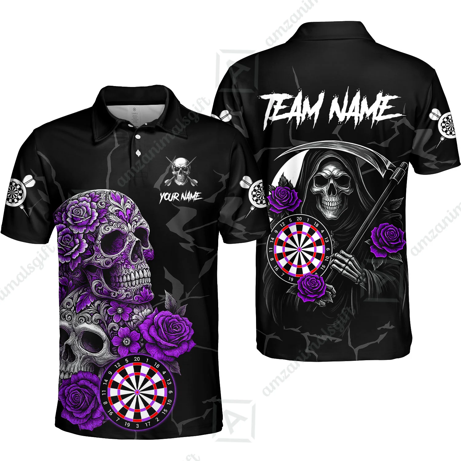 Customized Darts Polo Shirt, Darts Turquoise Skull Roses Dartboard Polo Shirt Team Style Jersey for Darts Players - Image 5