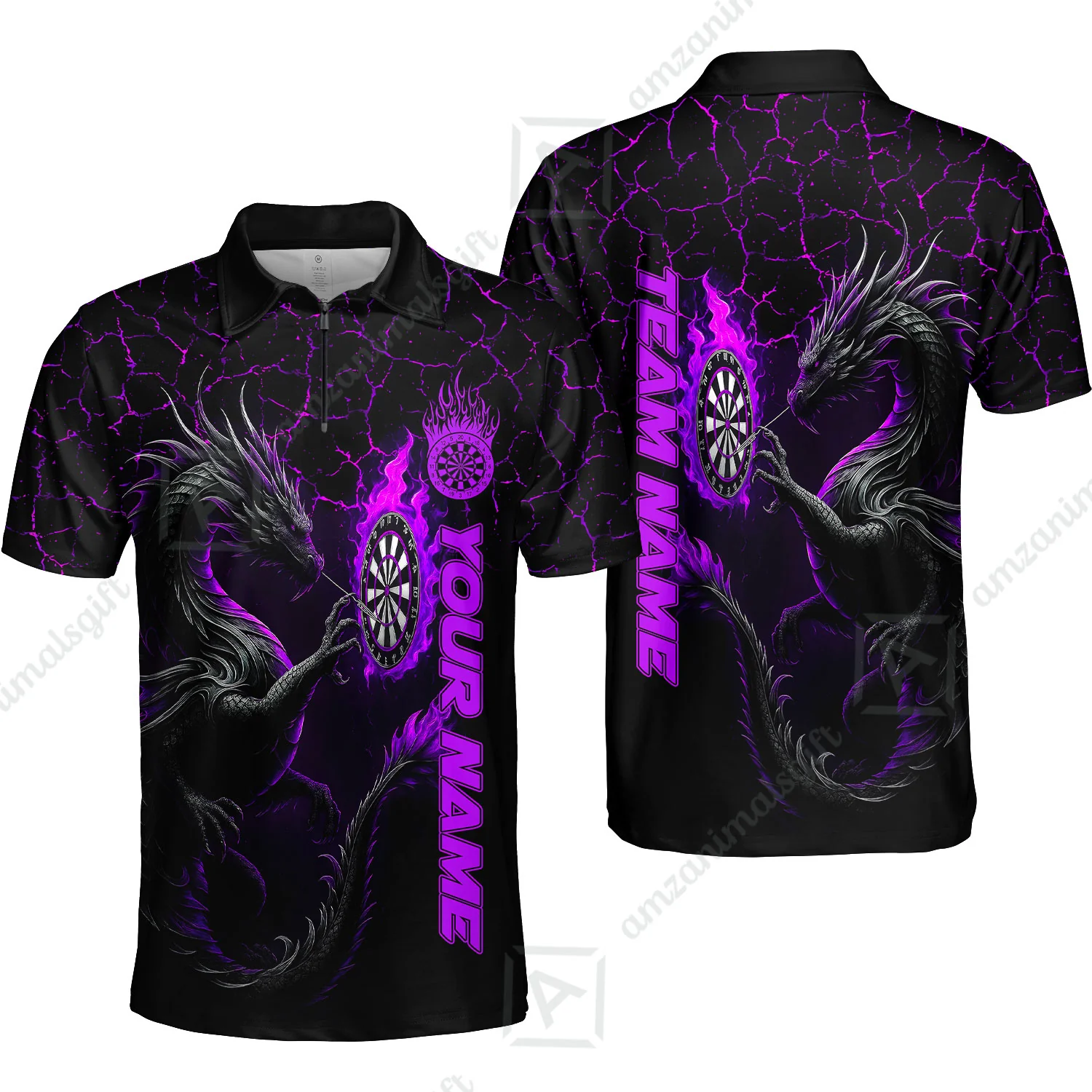 Customized Darts Quarter-Zip Polo Shirt, Big Dragon Dartboard Flame Darts Zip Polo Shirts Team Jersey for Darts Players - Image 3