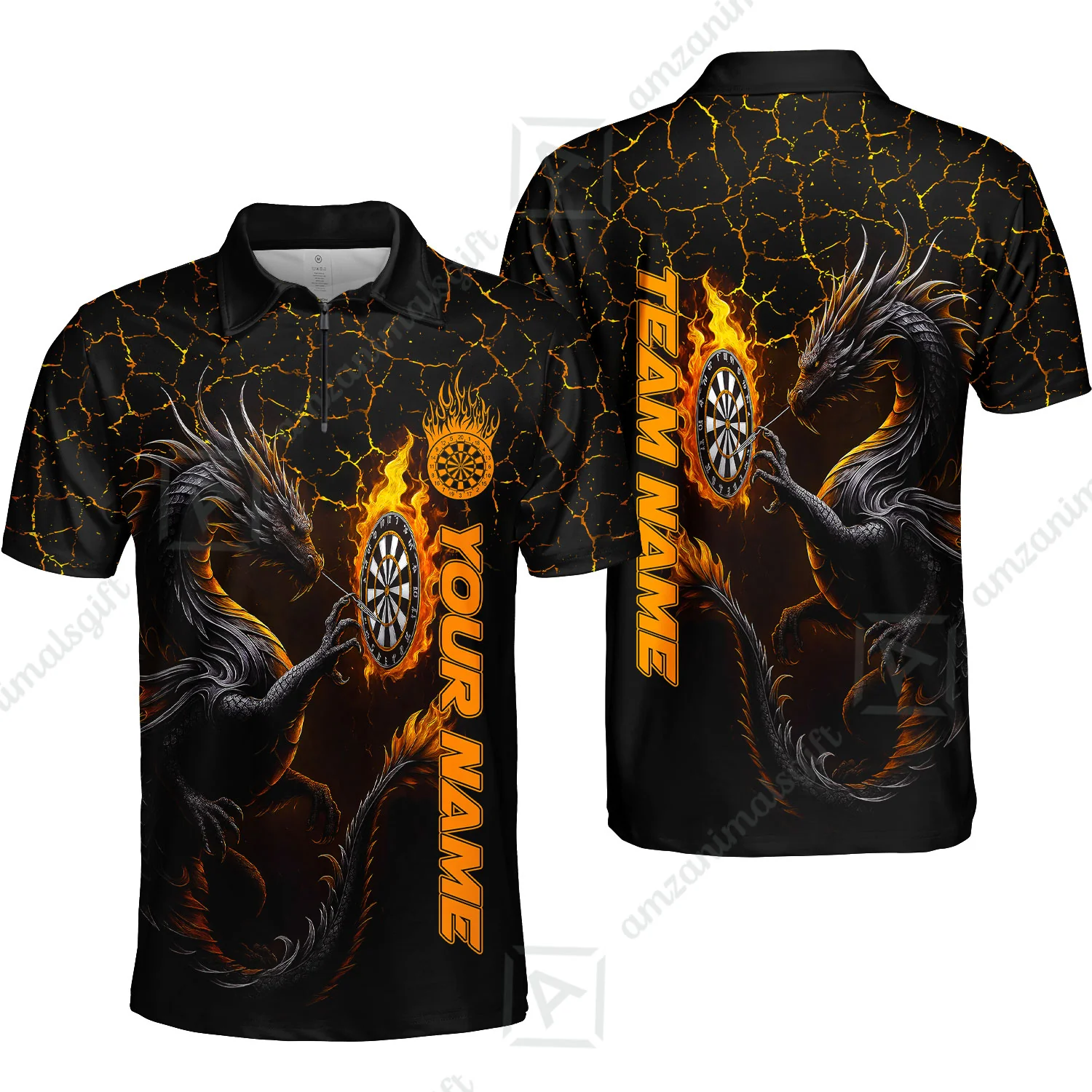 Customized Darts Quarter-Zip Polo Shirt, Big Dragon Dartboard Flame Darts Zip Polo Shirts Team Jersey for Darts Players - Image 6