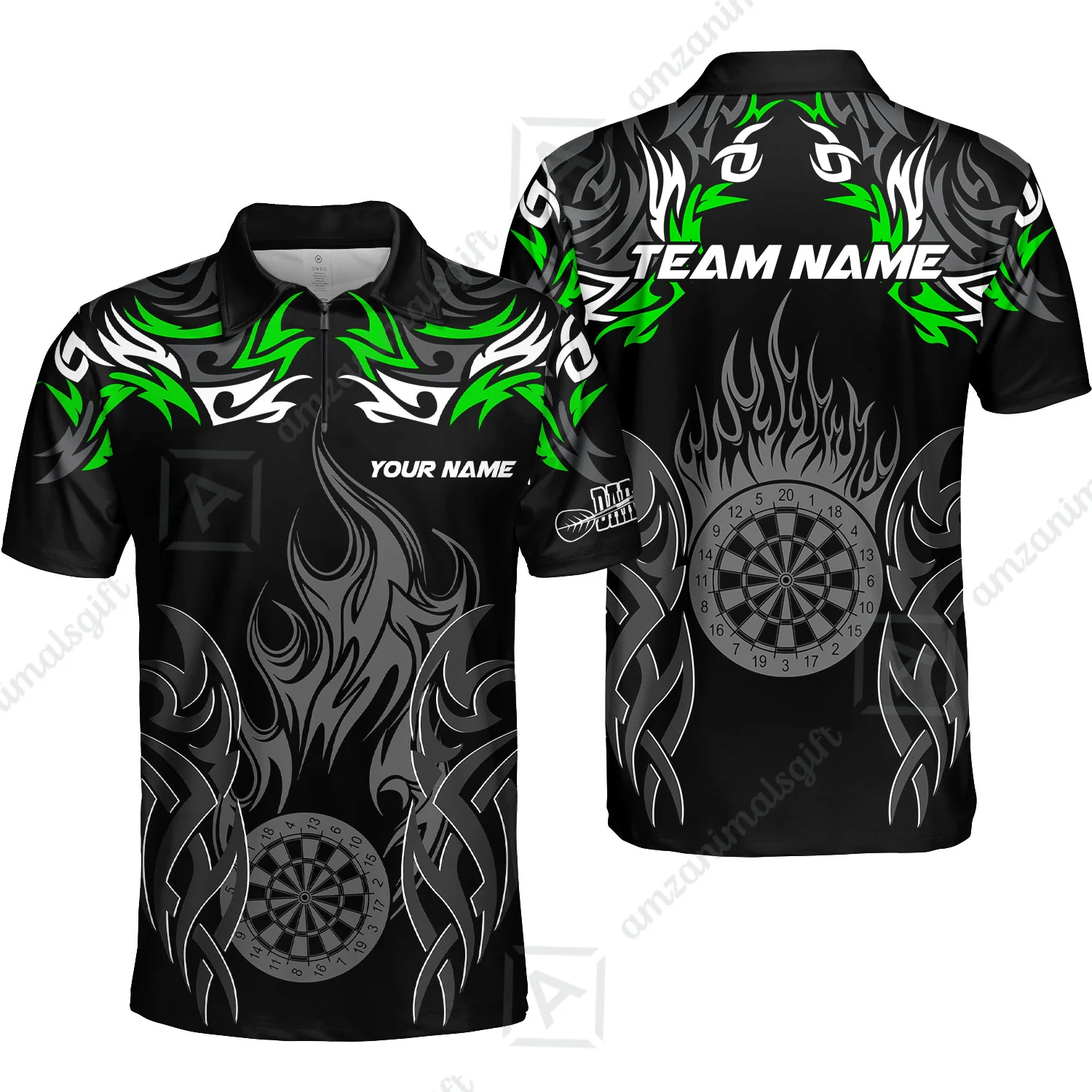 Customized Darts Quarter-Zip Polo Shirt, Dartboard Fire Flame Darts Zip Polo Shirts Team Style Jersey for Darts Players - Image 2