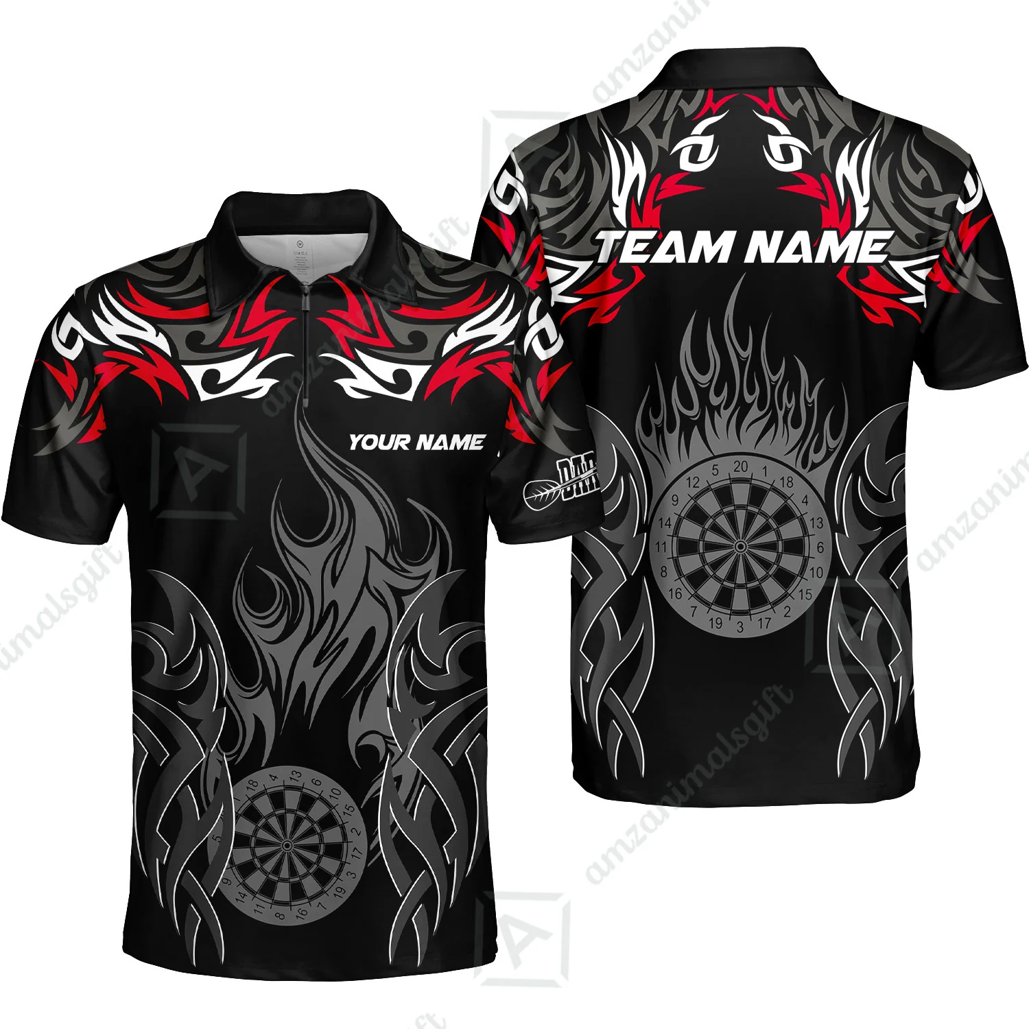 Customized Darts Quarter-Zip Polo Shirt, Dartboard Fire Flame Darts Zip Polo Shirts Team Style Jersey for Darts Players - Image 3