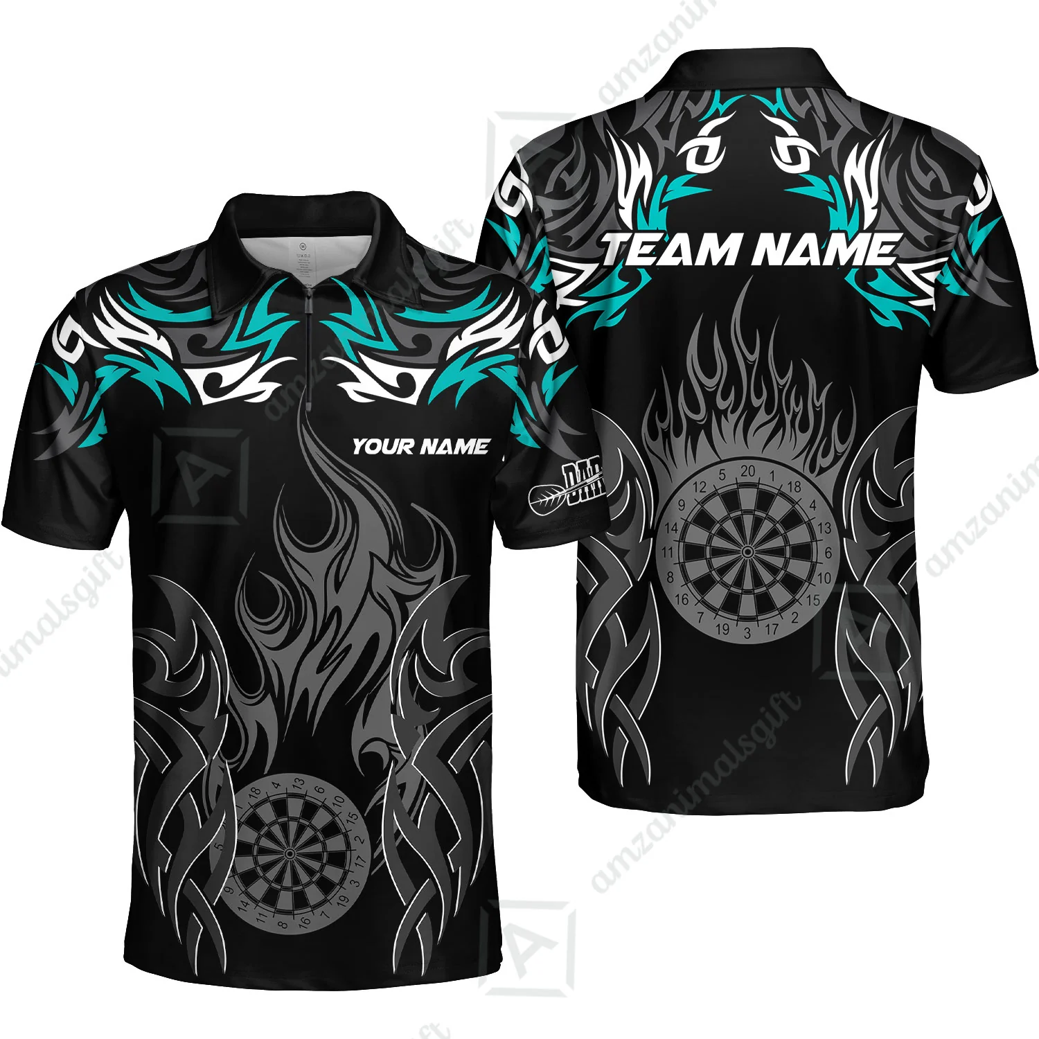 Customized Darts Quarter-Zip Polo Shirt, Dartboard Fire Flame Darts Zip Polo Shirts Team Style Jersey for Darts Players - Image 4