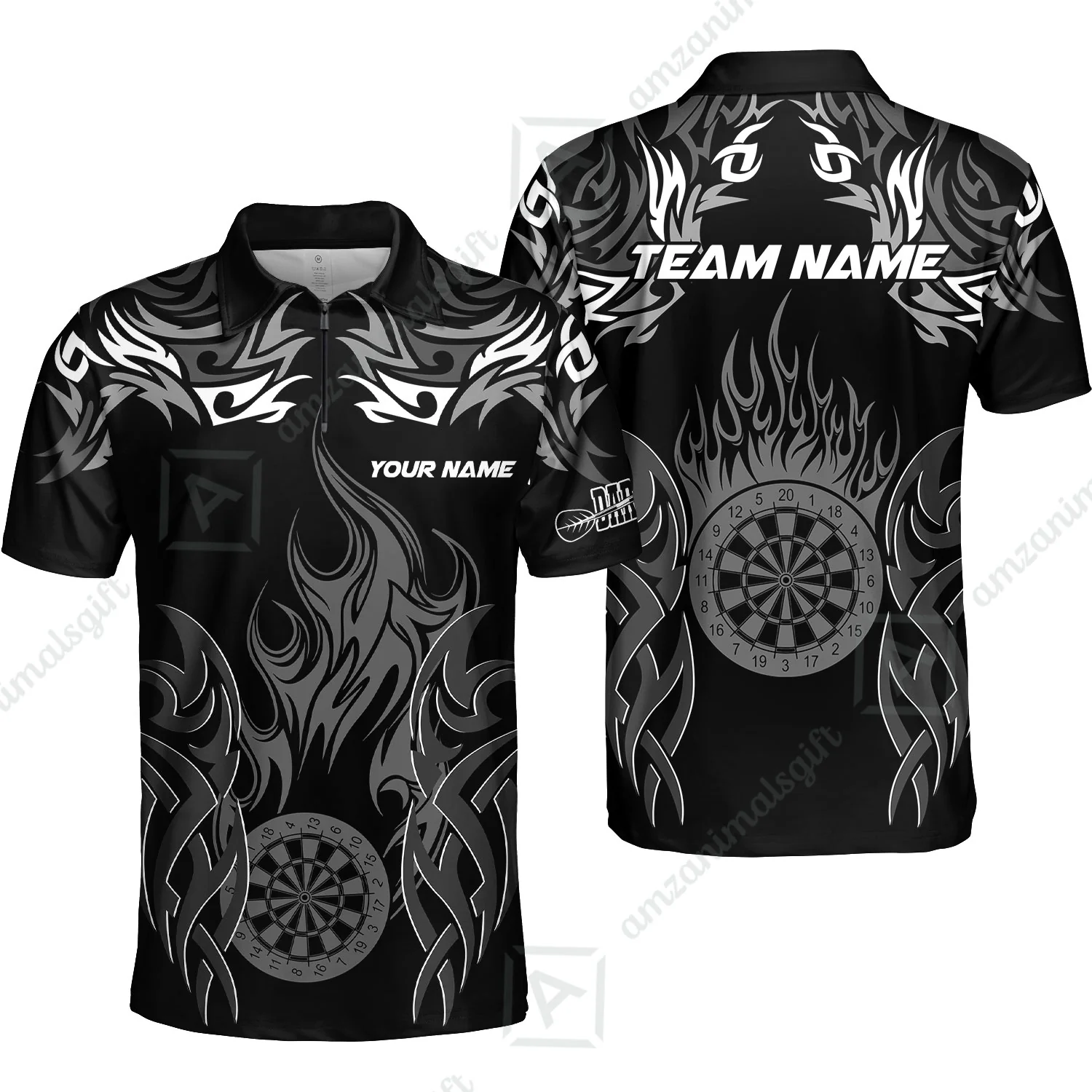 Customized Darts Quarter-Zip Polo Shirt, Dartboard Fire Flame Darts Zip Polo Shirts Team Style Jersey for Darts Players - Image 5