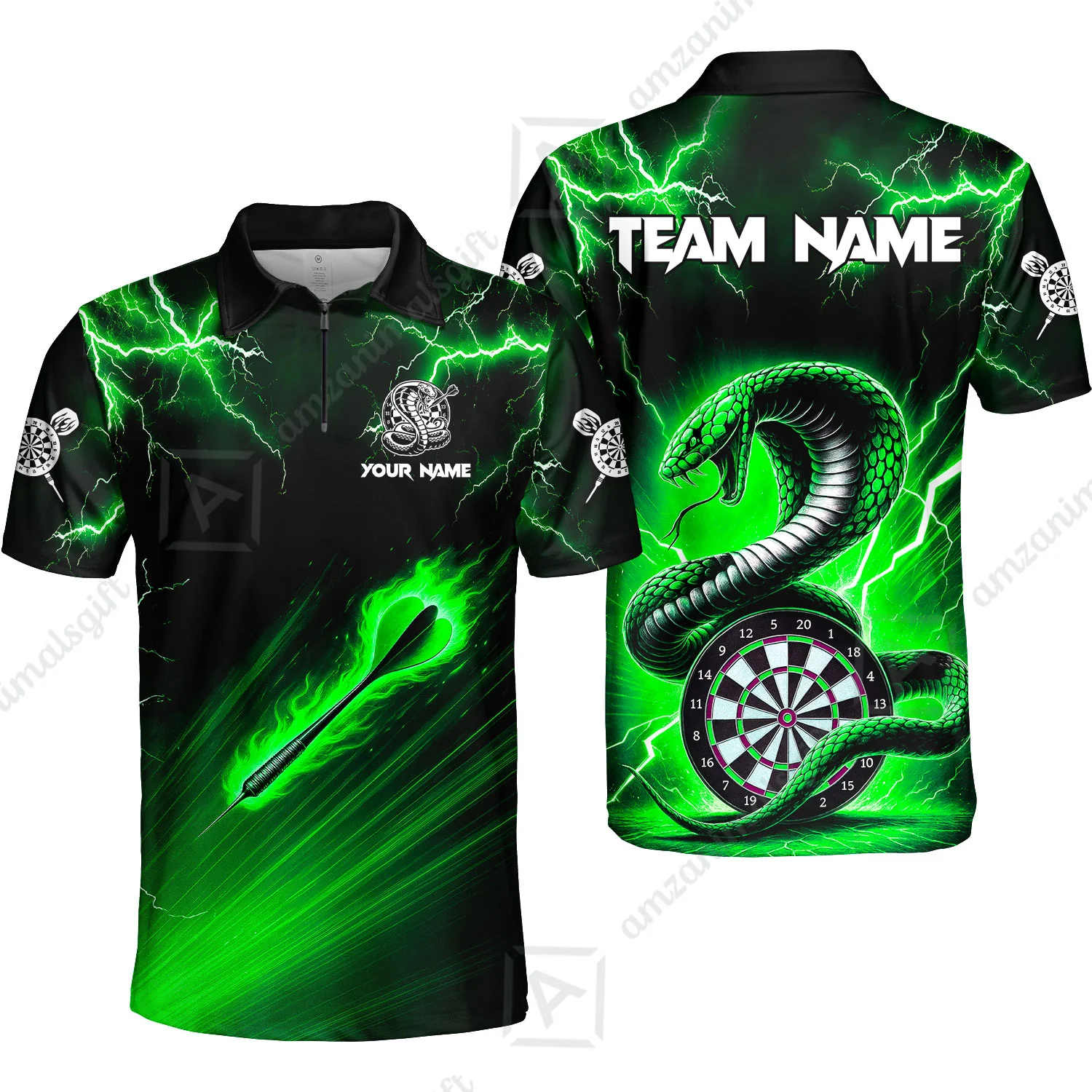 Customized Darts Quarter-Zip Polo Shirt, Darts Thunder Lightning Cobra Snake Dart Multicolor Jersey For Darts Player - Image 3
