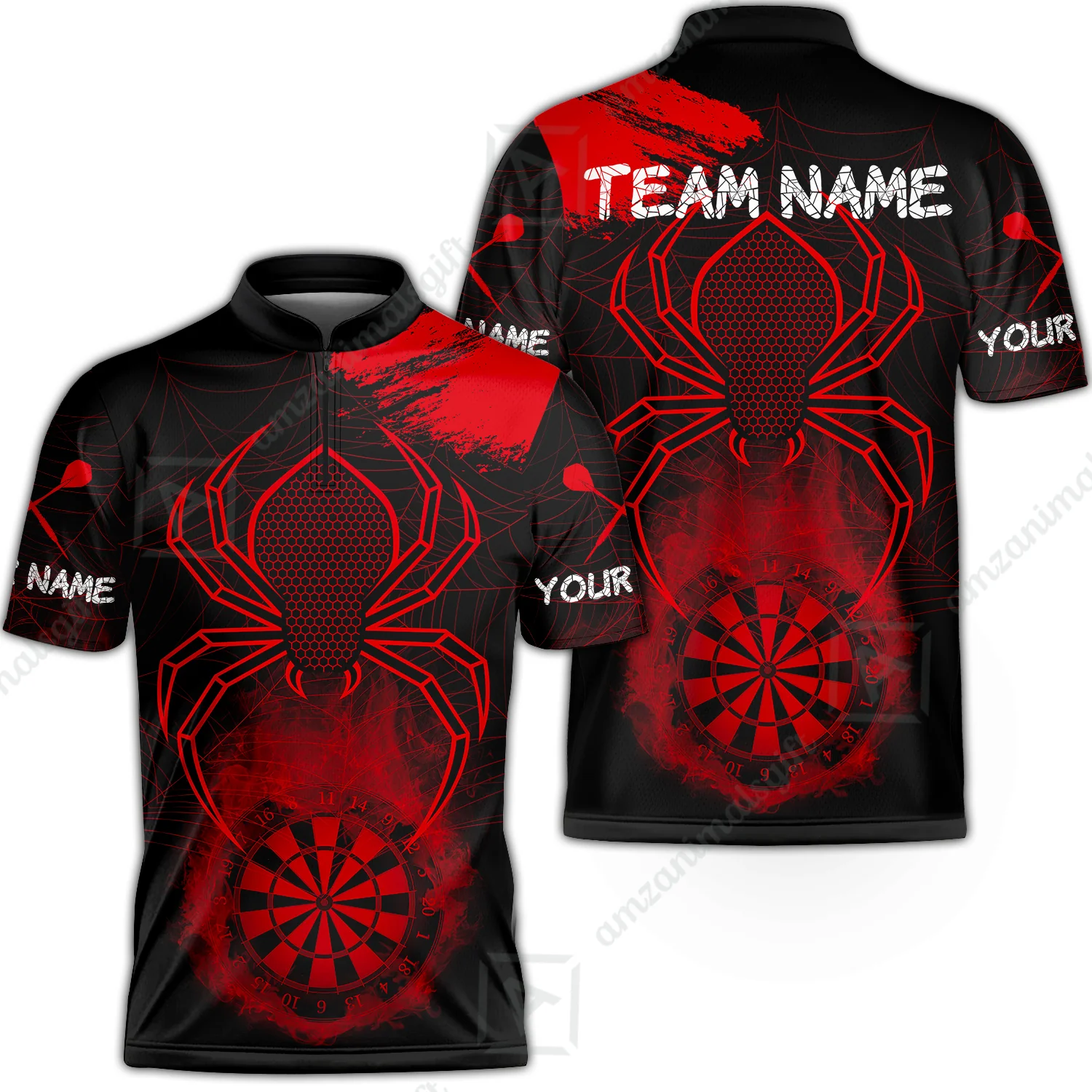 Customized Darts Stand Collar Quarter-Zip Shirt, Darts Spider Men's Grunge Smoke Dartboard Jersey for Darts Players - Image 2