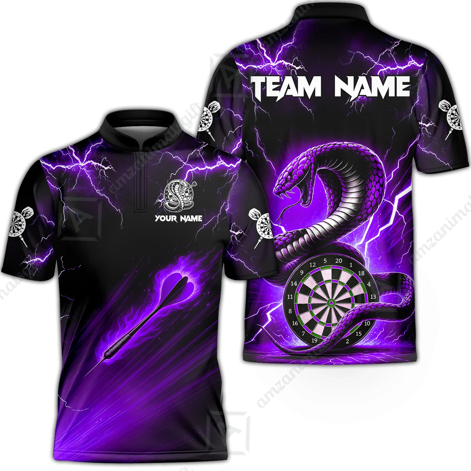 Customized Darts Stand Collar Quarter-Zip Shirt, Darts Thunder Lightning Cobra Snake Multicolor Jersey For Darts Player - Image 2