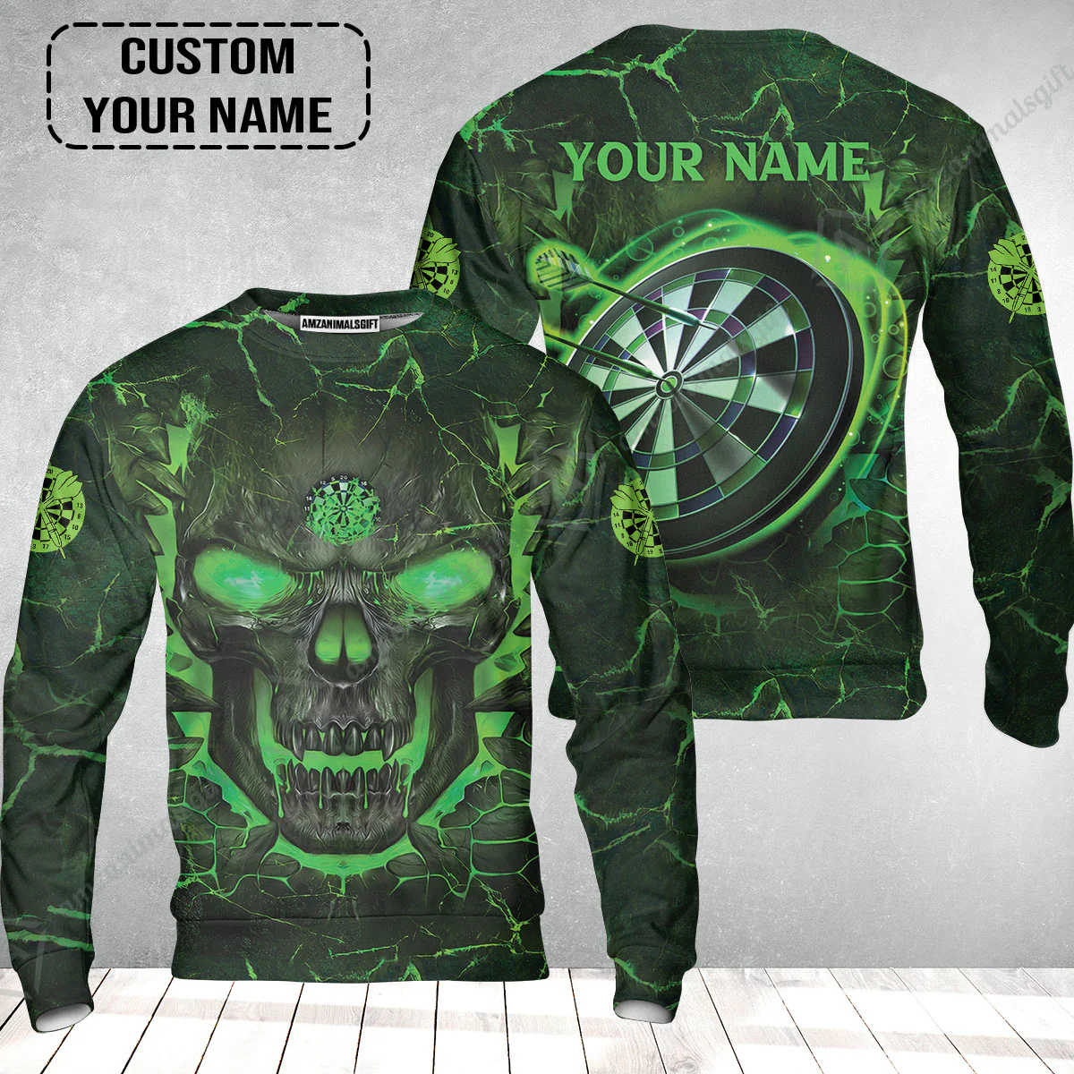 Customized Darts Sweatshirt, Flame Green Skull Dartboard Personalized Skull And Darts Sweatshirt - Image 2