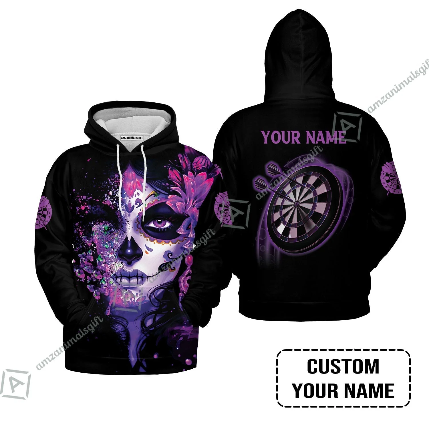 Customized Darts Sweatshirt, Skull Girl Butterfly Personalized Sugar Skull And Darts Sweatshirt - Image 3