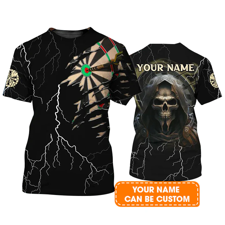 Customized Darts T Shirt, Bullseye Dartboard Thunder Grim Reaper, Personalized Name T Shirt For Men  - Perfect Gift For Darts Lovers, Darts Players - Image 2