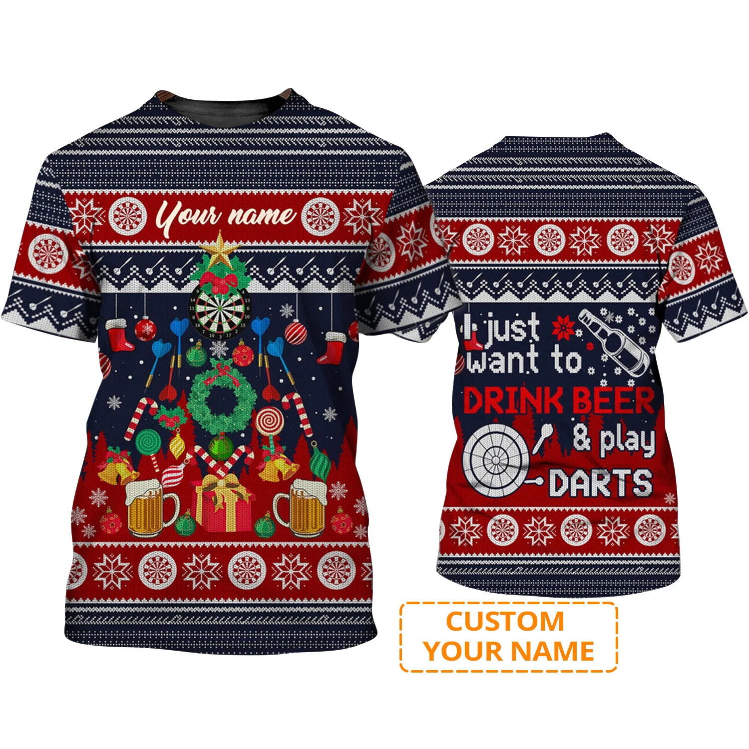Customized Darts T Shirt, Christmas Pattern, Personalized Name Drink Beer And Play Darts T Shirt For Men - Perfect Gift For Darts Lovers, Darts Players - Image 2