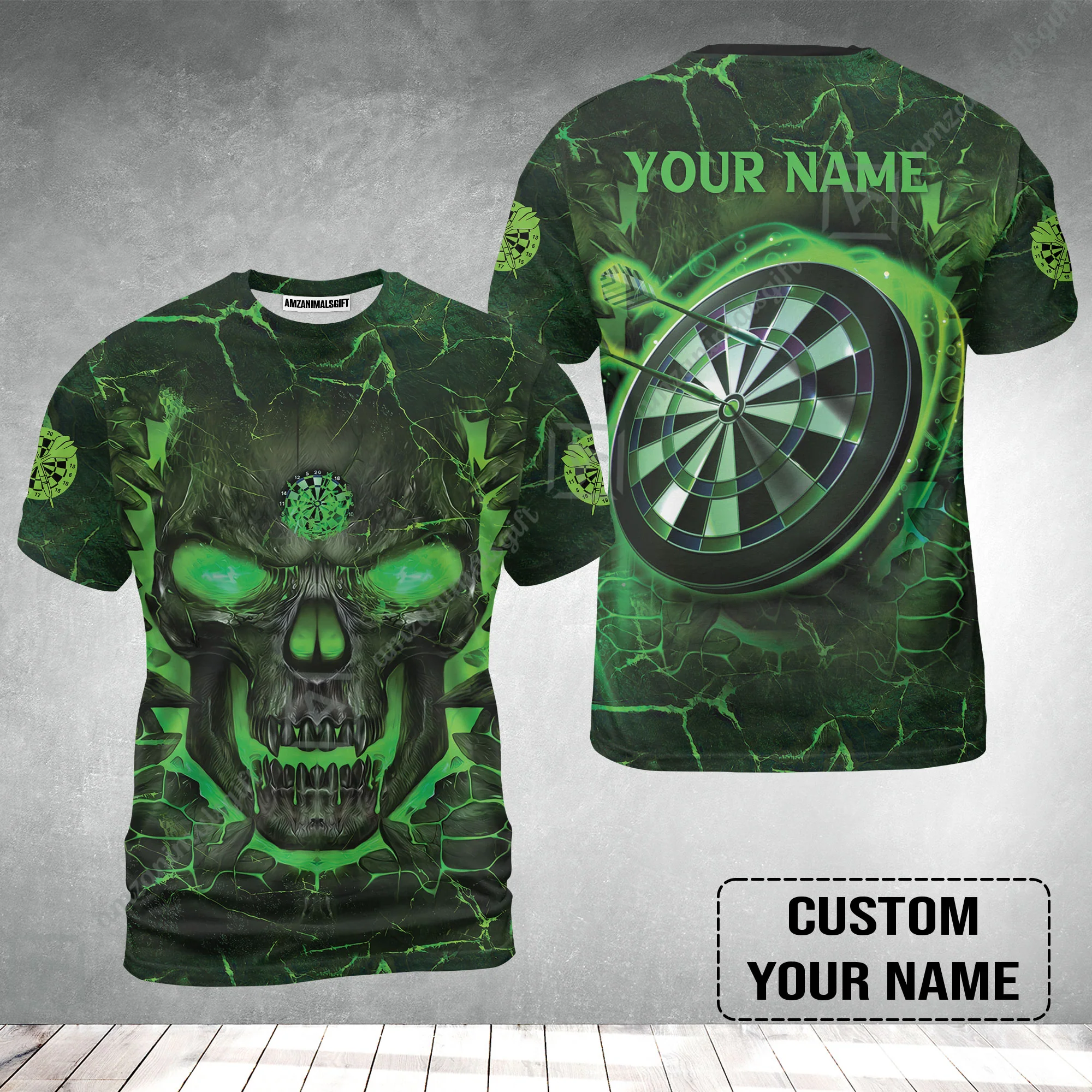 Customized Darts T-Shirt, Flame Green Skull Dartboard Personalized Skull And Darts T-Shirt - Image 2