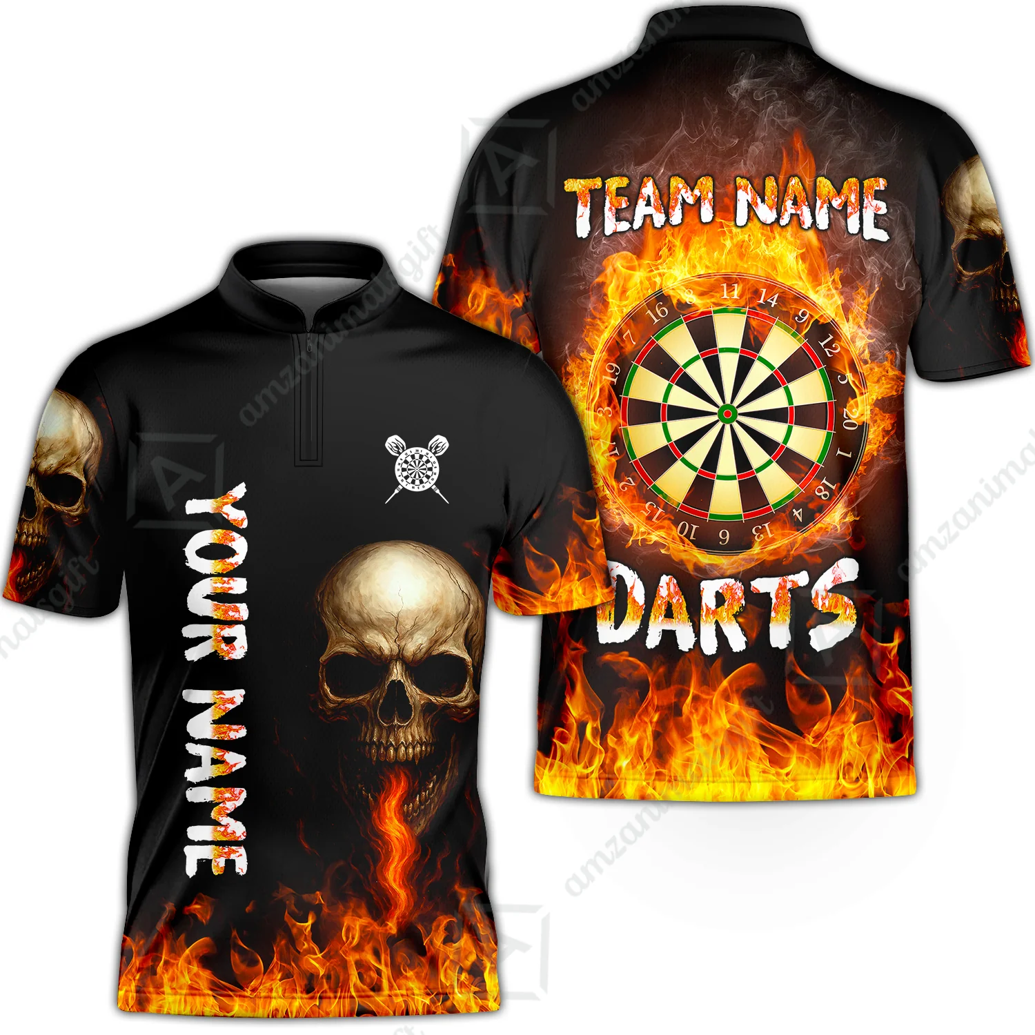 Customized Darts Team Polo Jersey, Darts Fire Skull Multi-Flame Dartboard Custom Uniform Team Shirt for Darts Players