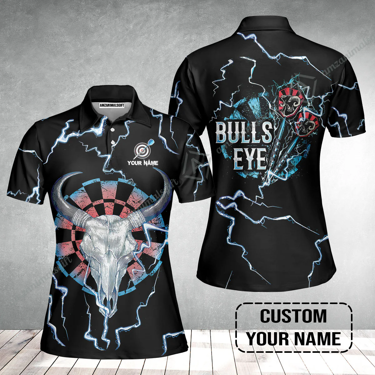Customized Darts Women Polo Shirt, Darts Bullseye Thunder Skull, Personalized Name Women Polo Shirt - Image 2