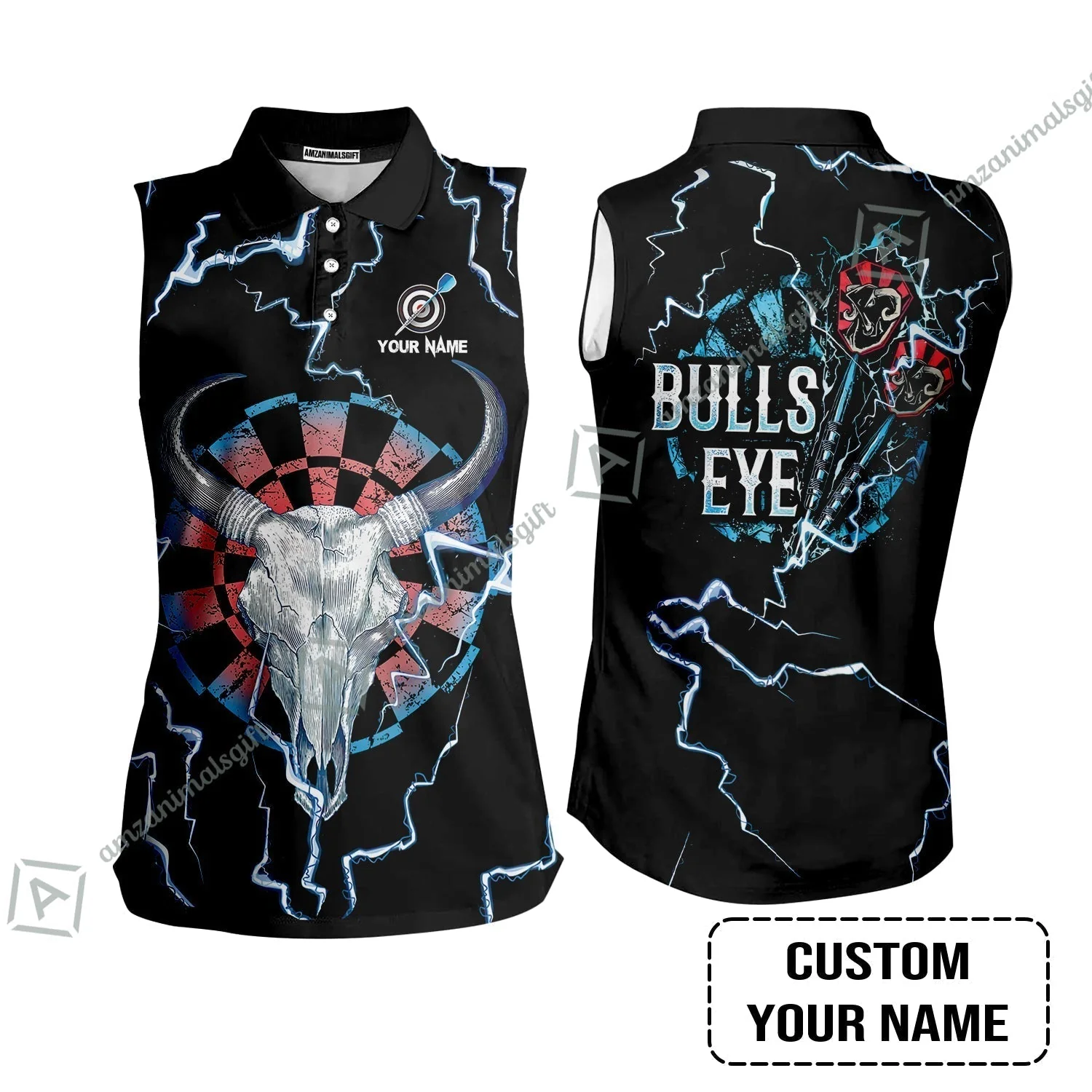 Customized Darts Women Polo Shirt, Darts Bullseye Thunder Skull, Personalized Name Women Polo Shirt - Image 7