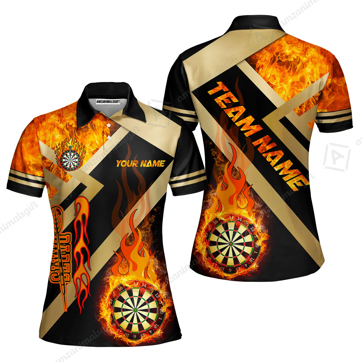 Customized Darts Women Polo Shirt, Darts Dartboard Fire Flame Multicolor Team Women Polo Shirt Jersey For Darts Players - Image 2