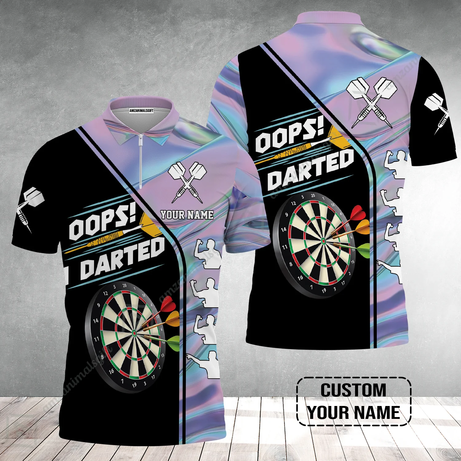 Customized Darts Zip Polo Shirt, Dartboard, I Darted, Personalized Name Zip Polo Shirt - Image 2