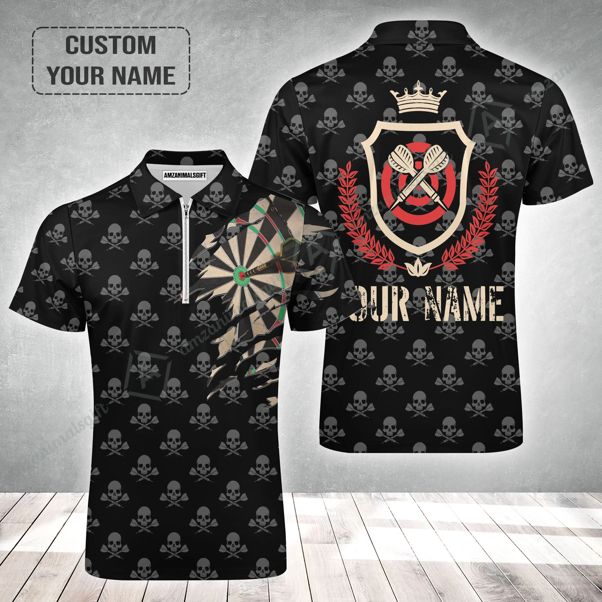 Customized Darts Zip Polo Shirt, Skull King Darts Personalized Name Zip Polo Shirt - Perfect Gift For Darts Lovers, Darts Players - Image 2